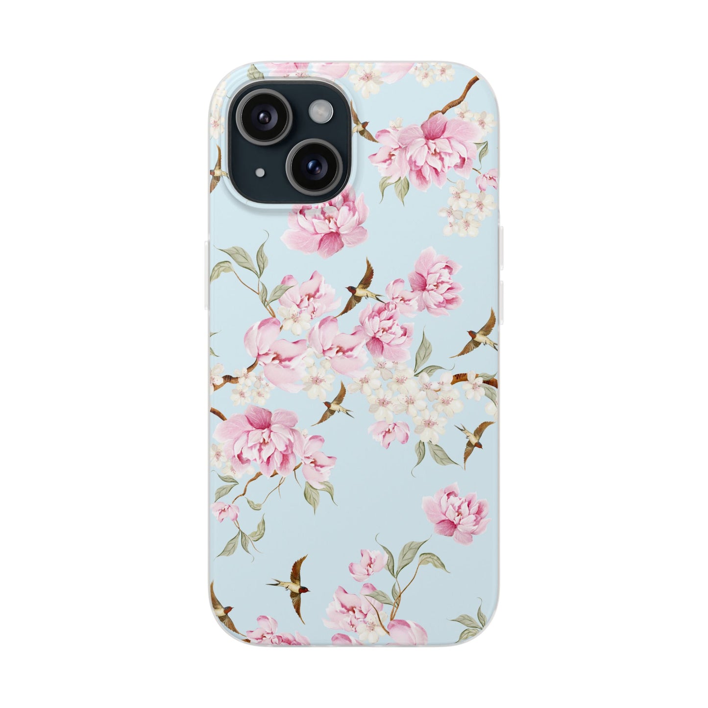 Floral Cherry Blossom Flexi Phone Case - Pink Blossoms on Sky Blue Flexible Case for Apple iPhone, Samsung Galaxy.