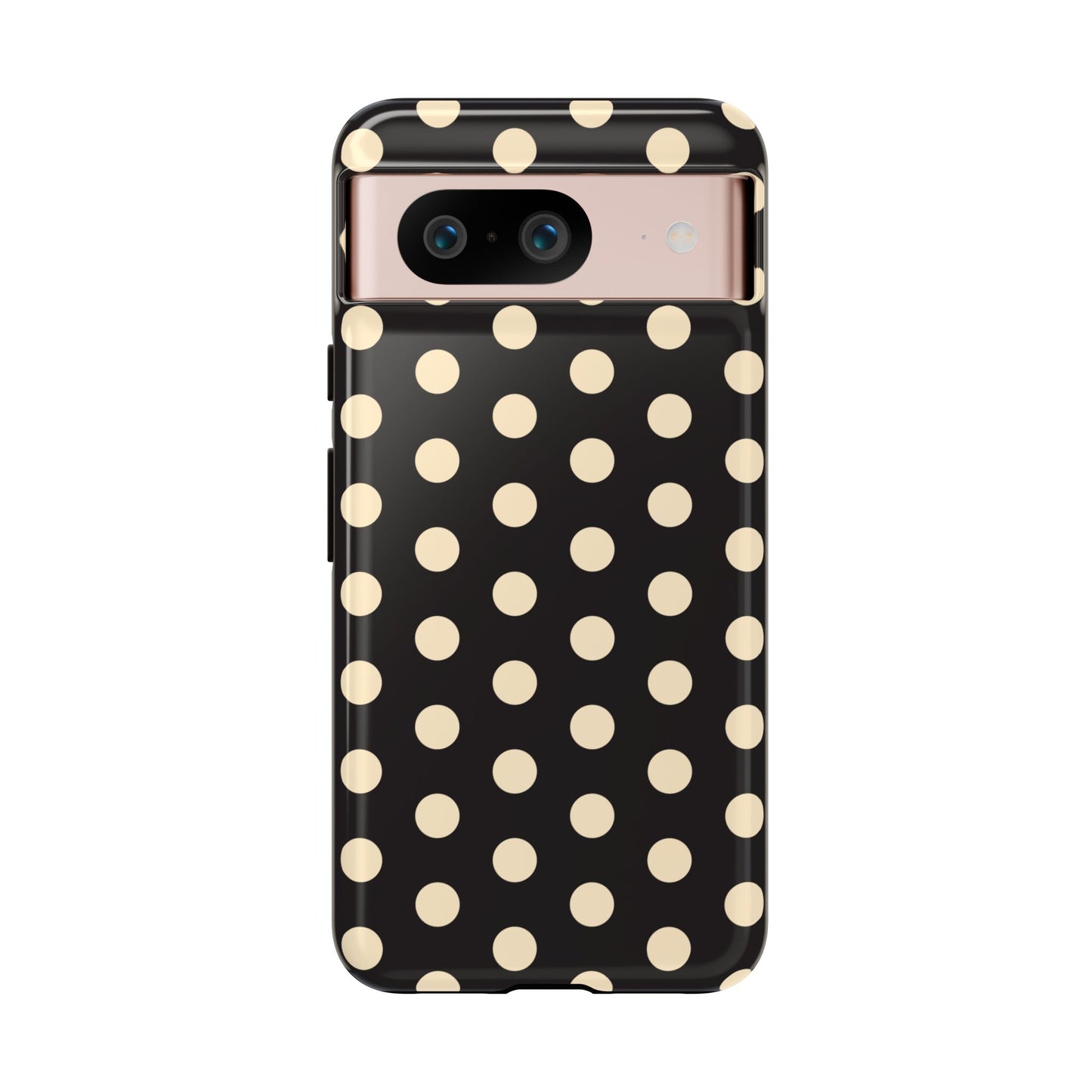 Polka Dot Tough Phone Case — Black with Cream Dots, Protective Slim Phone Cover