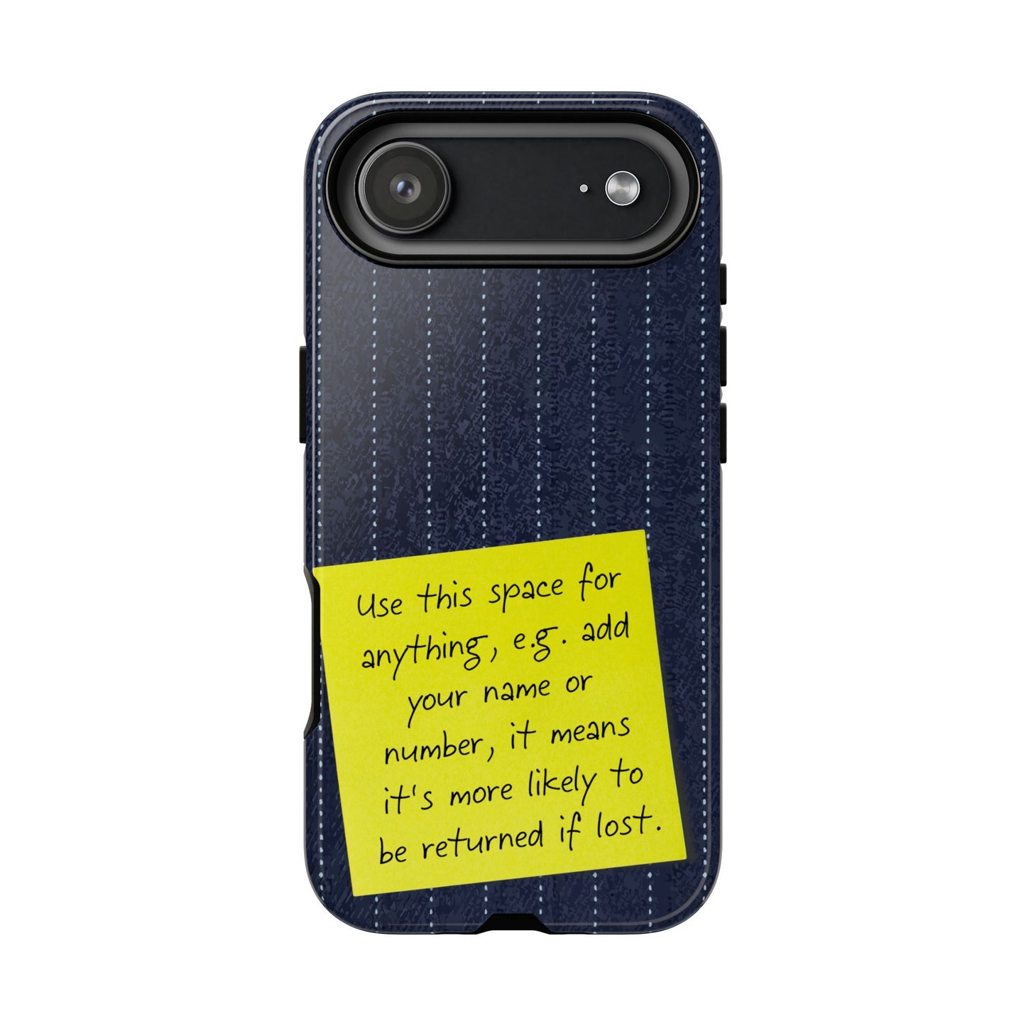 Navy Pinstripe Design with Yellow Sticky Note Personalised Tough Phone Case for Apple iPhone, Samsung Galaxy and Google Pixel.
