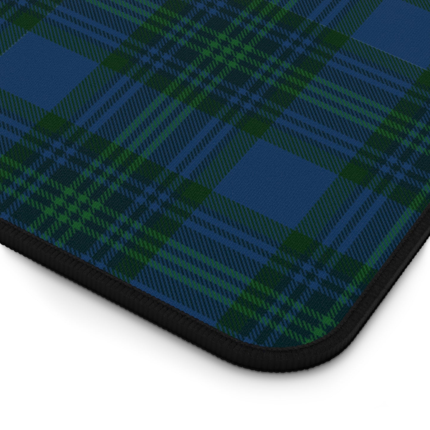 Plaid desk mat in blue green tartan, stylish computer desk mat for home office, anti-slip, hemmed edges