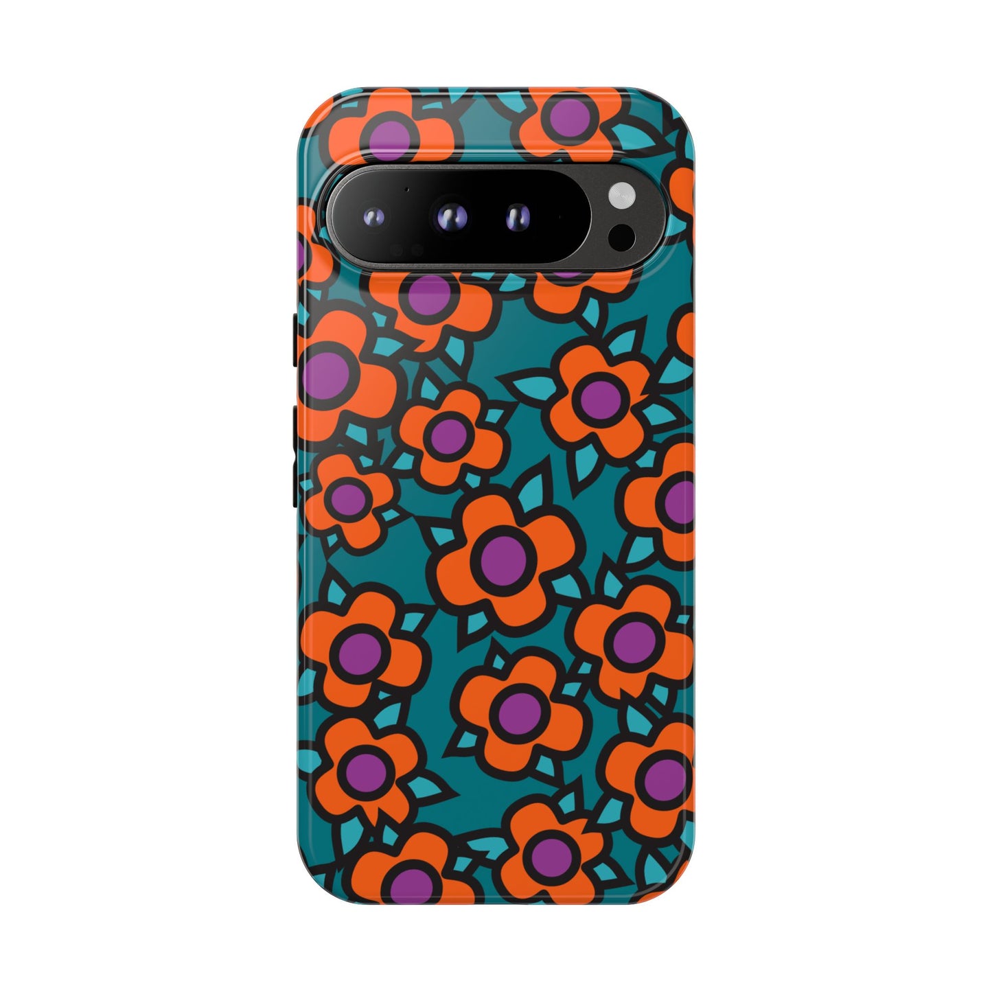 Floral Pop Tough Phone Case — Retro Orange & Teal Flower Pattern