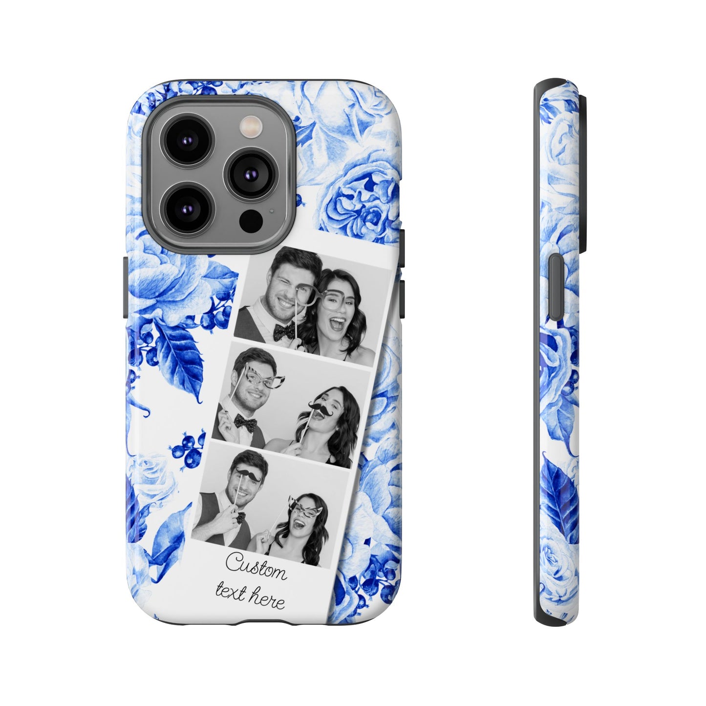 Three Photo Personalised Blue Floral Image Strip Custom Phone Case