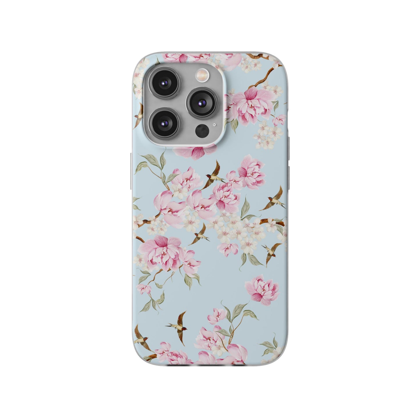 Floral Cherry Blossom Flexi Phone Case - Pink Blossoms on Sky Blue Flexible Case for Apple iPhone, Samsung Galaxy.