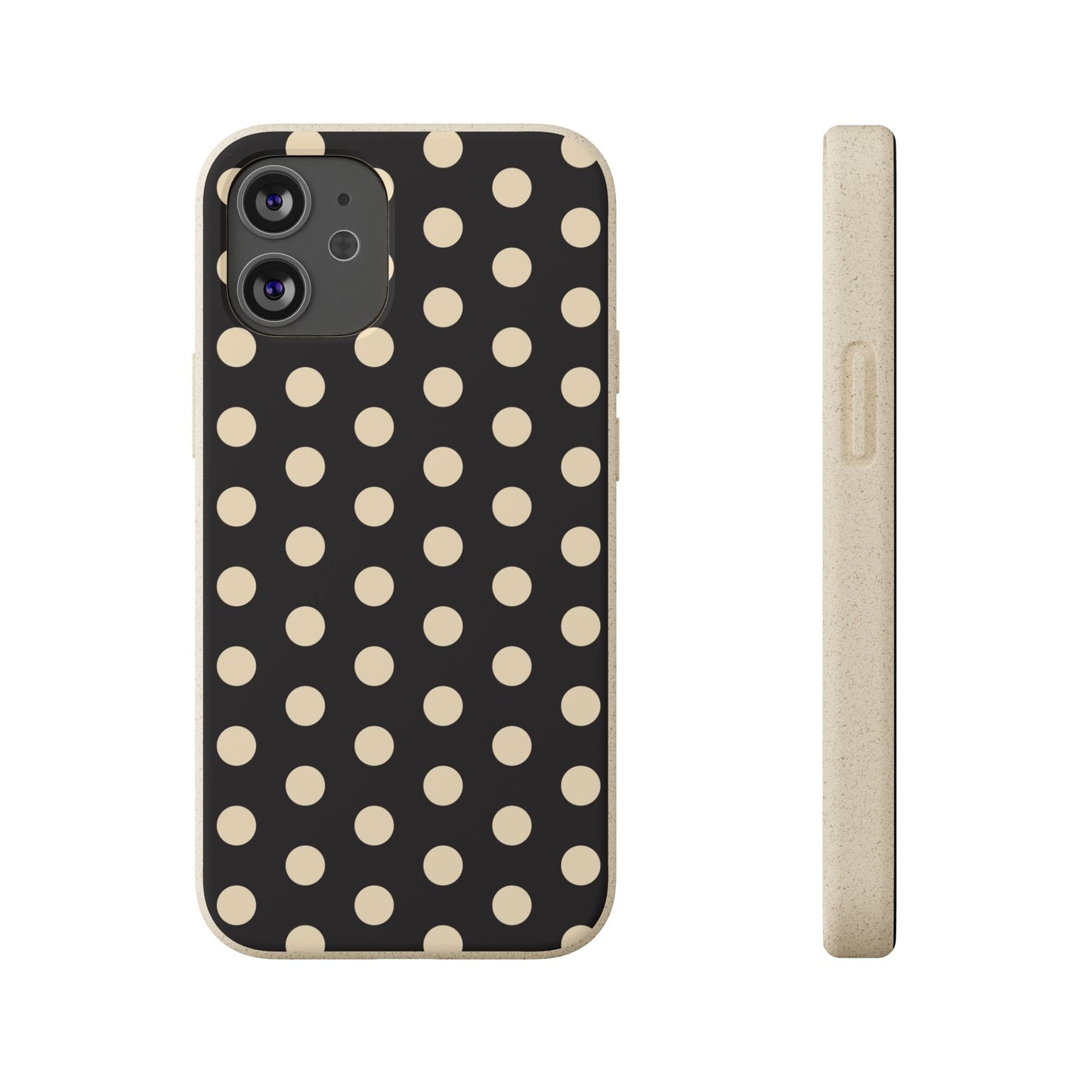 Eco-Friendly Black & Cream Polka Dot Pattern Biodegradable Phone Case for Apple iPhone and Samsung Galaxy.
