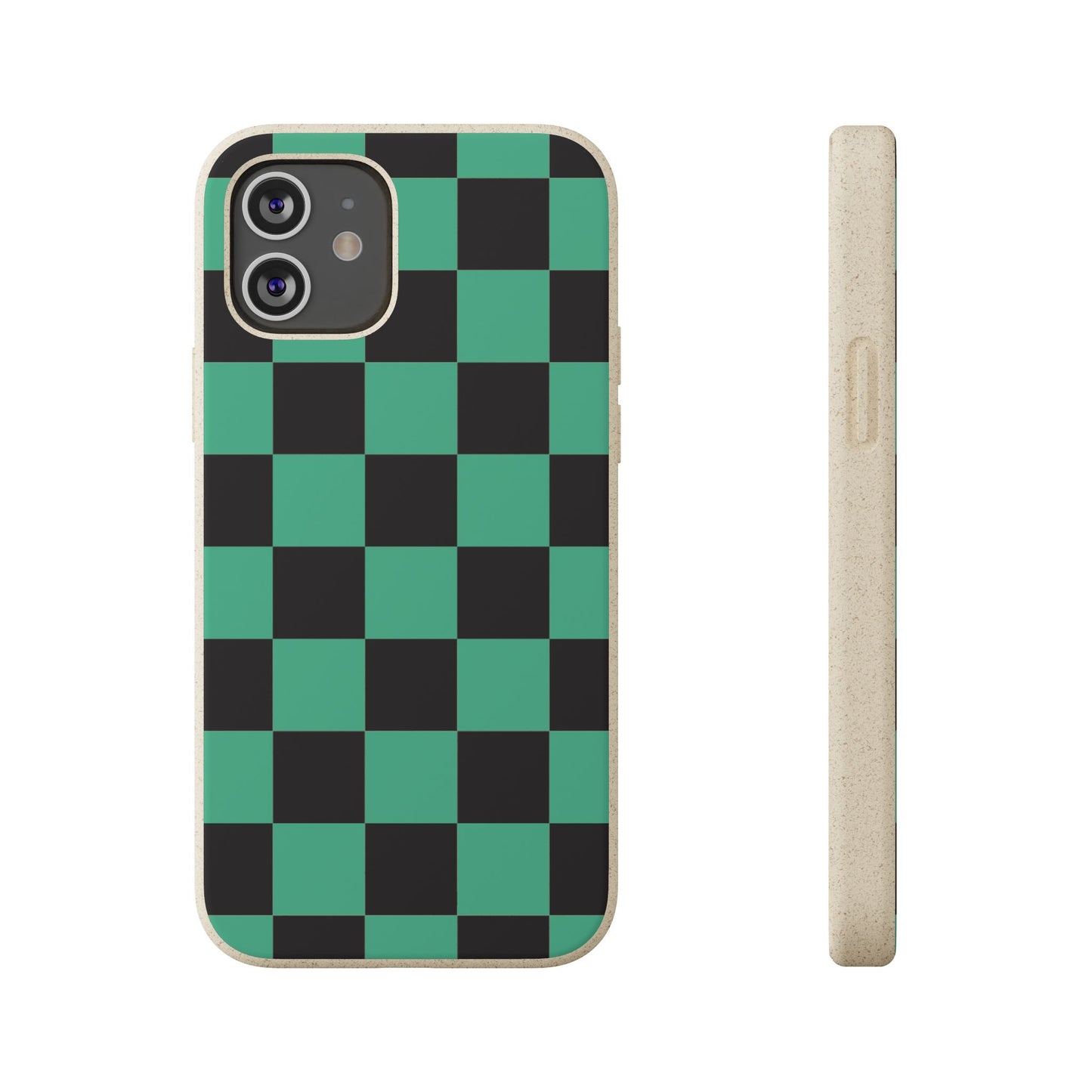 Biodegradable Checkerboard Phone Case — Green & Black Tanjiro Eco Smartphone Cover for Apple iPhone and Samsung Galaxy.