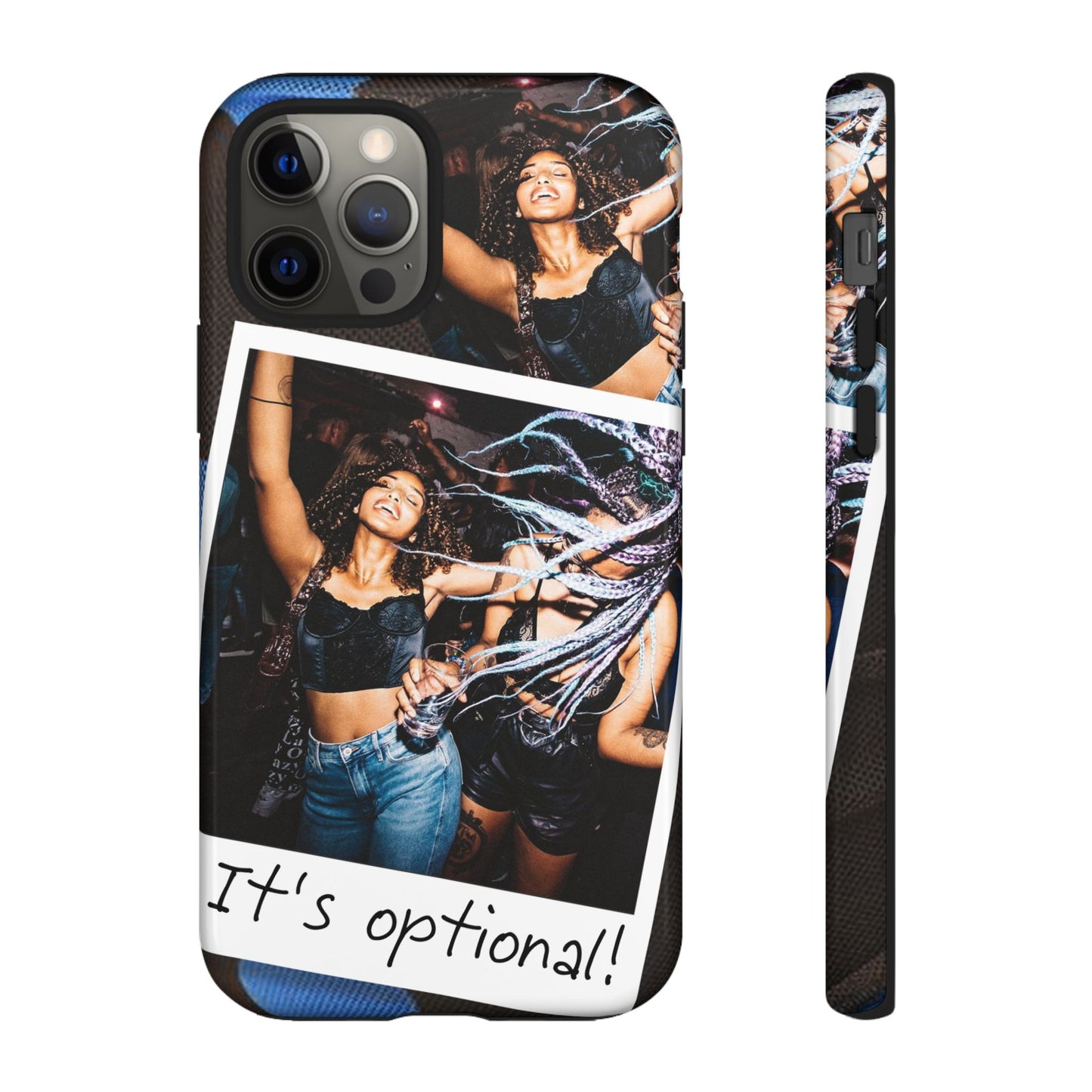 Two Image Personalised Polaroid Photo on Blue Polka Dot Protective Tough Case for Apple iPhone, Samsung Galaxy and Google Pixel.