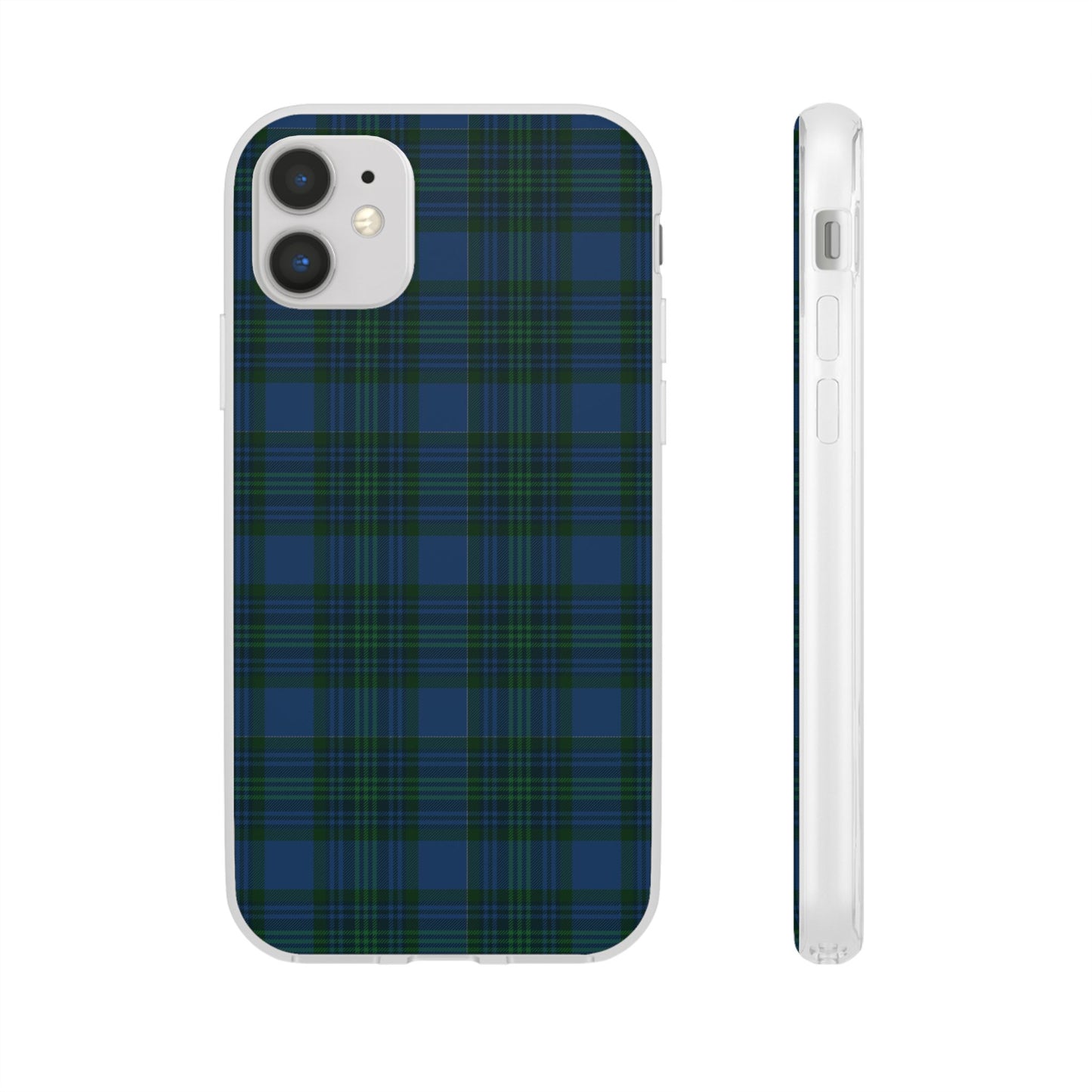 Navy green tartan phone case with flexible plaid design, slim shock-absorbing TPU, semi-transparent matte finish