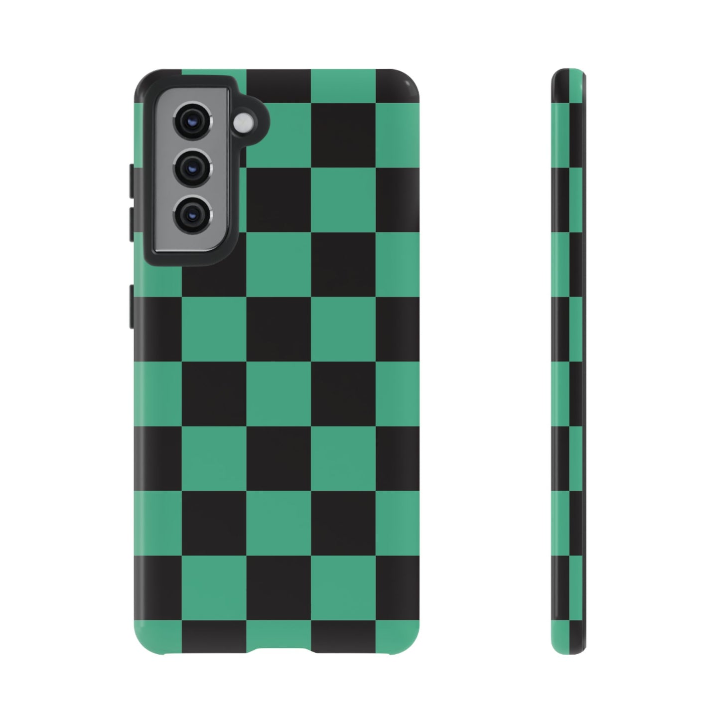 Tanjiro Checkerboard Tough Phone Case – Green & Black Protective Cover