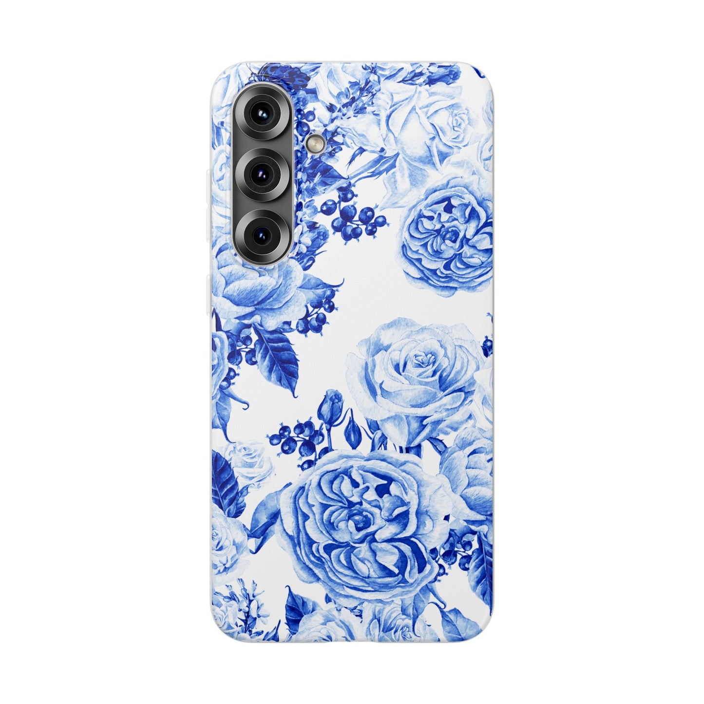 Blue Floral Phone Case — Hand-Painted Rose Pattern Flexi Case for Apple iPhone, Samsung Galaxy and Google Pixel.
