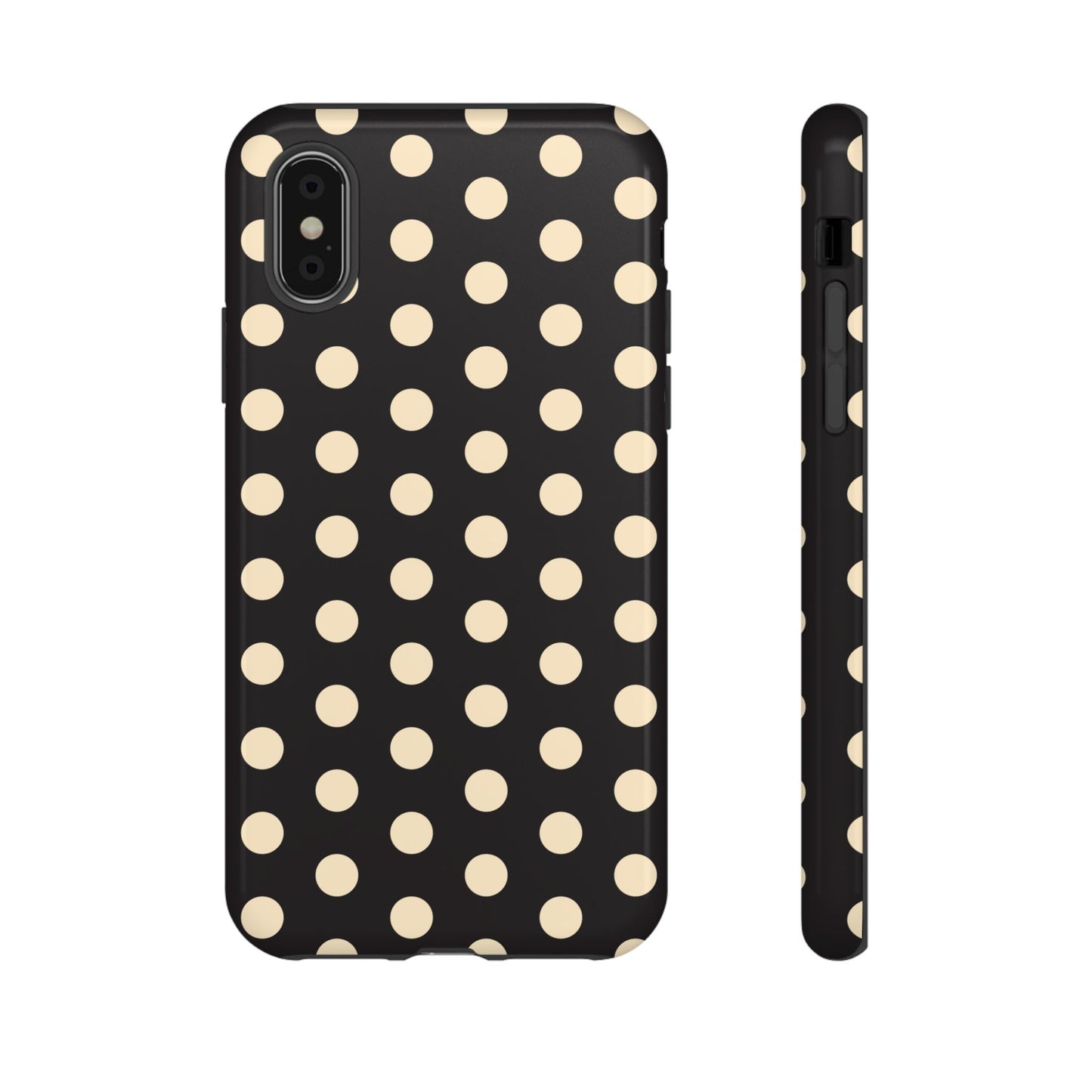 Polka Dot Tough Phone Case — Black with Cream Dots, Protective Slim Phone Cover