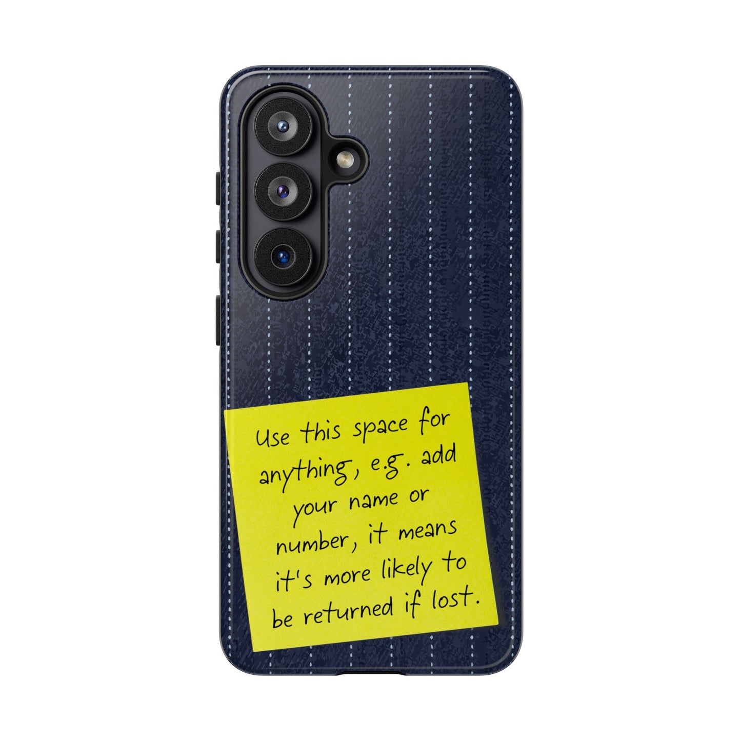 Navy Pinstripe Design with Yellow Sticky Note Personalised Tough Phone Case for Apple iPhone, Samsung Galaxy and Google Pixel.