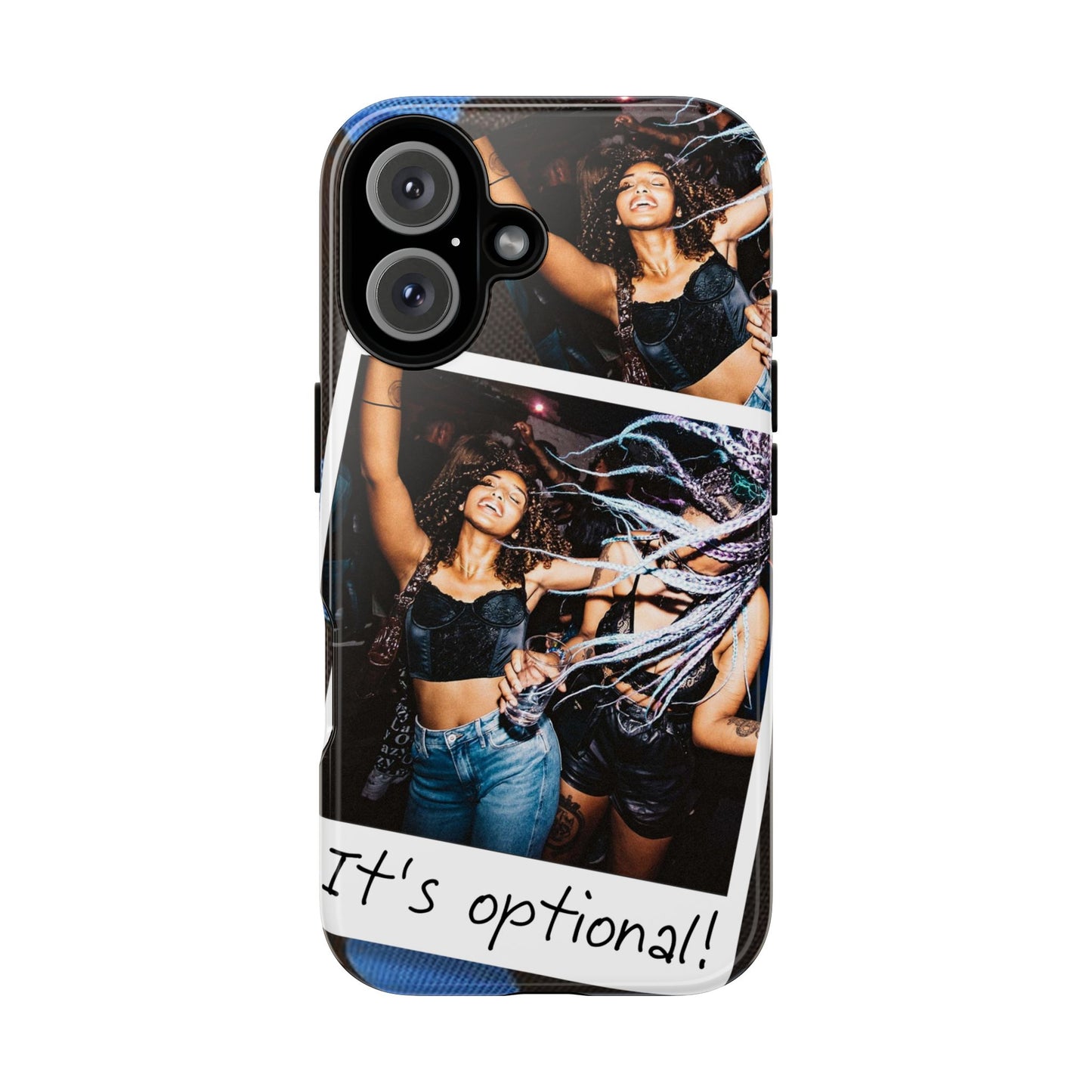 Two Image Personalised Polaroid Photo on Blue Polka Dot Protective Tough Case for Apple iPhone, Samsung Galaxy and Google Pixel.