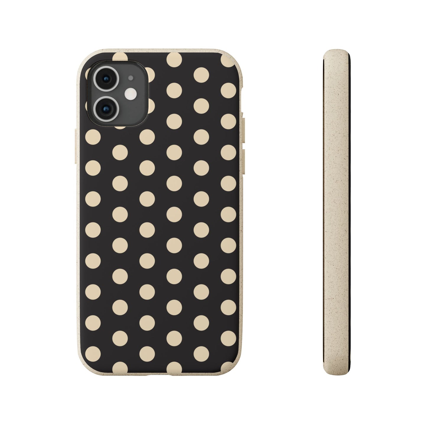 Eco-Friendly Black & Cream Polka Dot Pattern Biodegradable Phone Case for Apple iPhone and Samsung Galaxy.