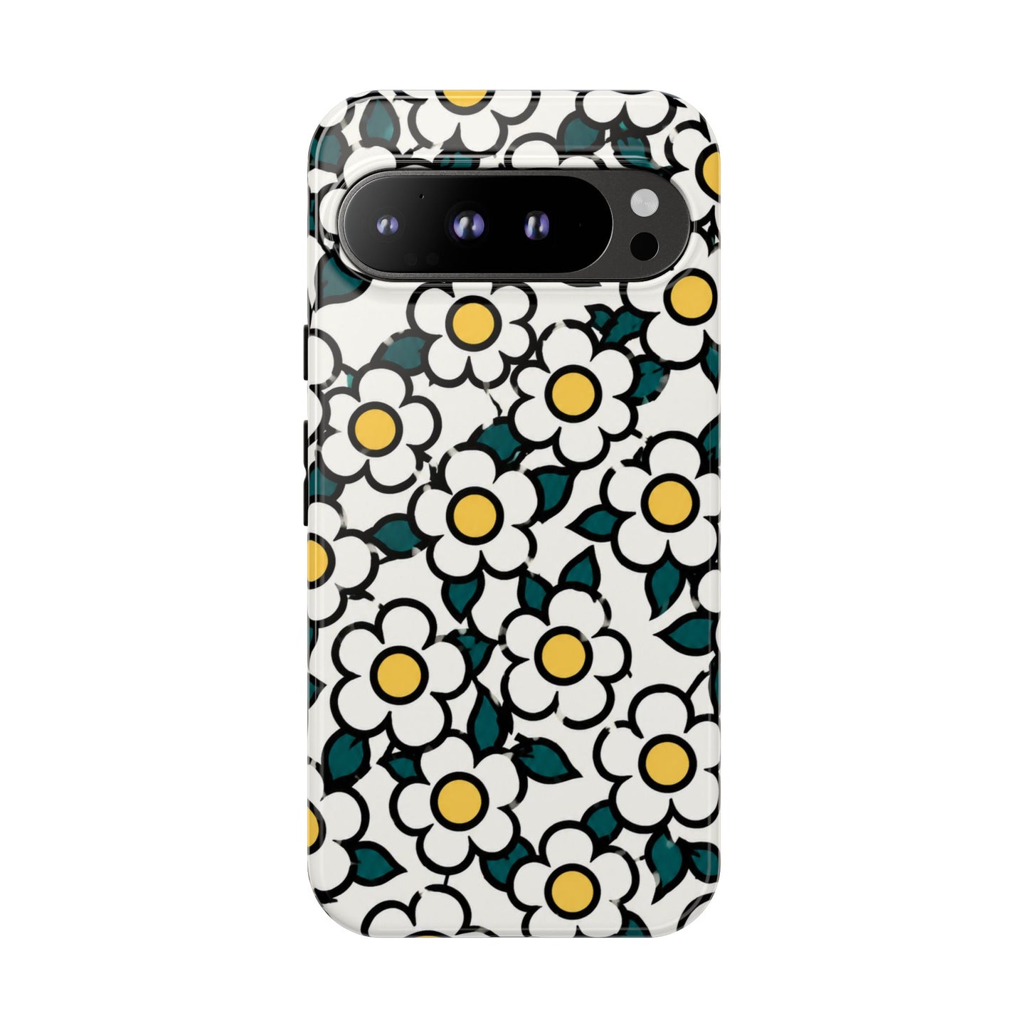 Floral Daisy Tough Phone Case — Retro White & Yellow Protective Cover