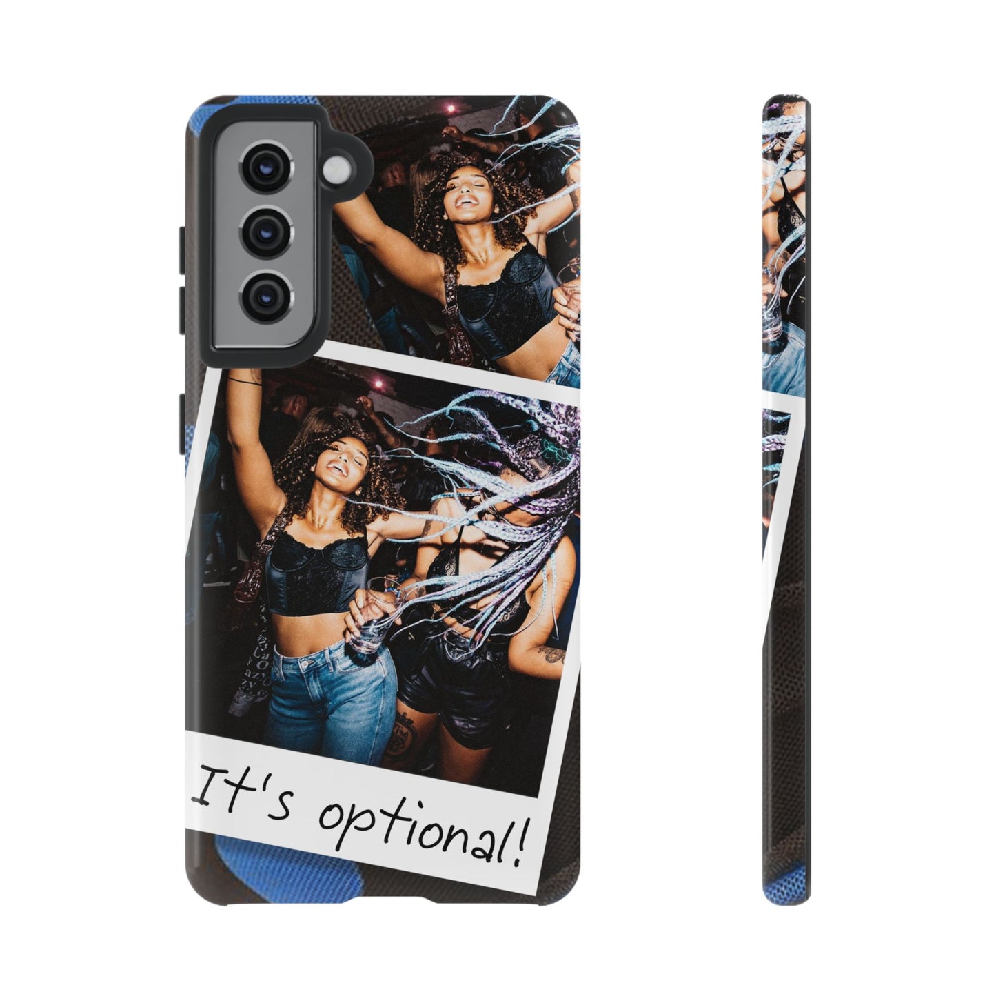 Two Image Personalised Polaroid Photo on Blue Polka Dot Protective Tough Case for Apple iPhone, Samsung Galaxy and Google Pixel.
