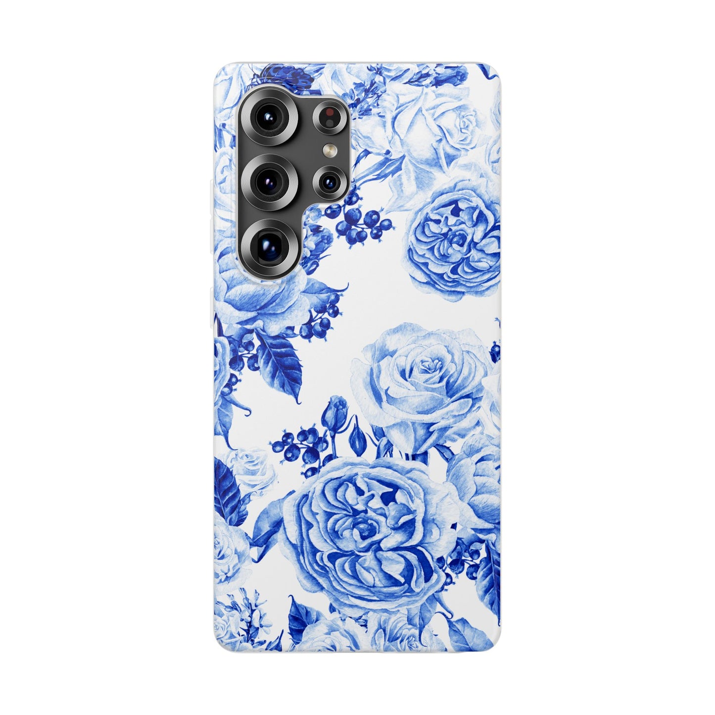 Blue Floral Phone Case — Hand-Painted Rose Pattern Flexi Case for Apple iPhone, Samsung Galaxy and Google Pixel.