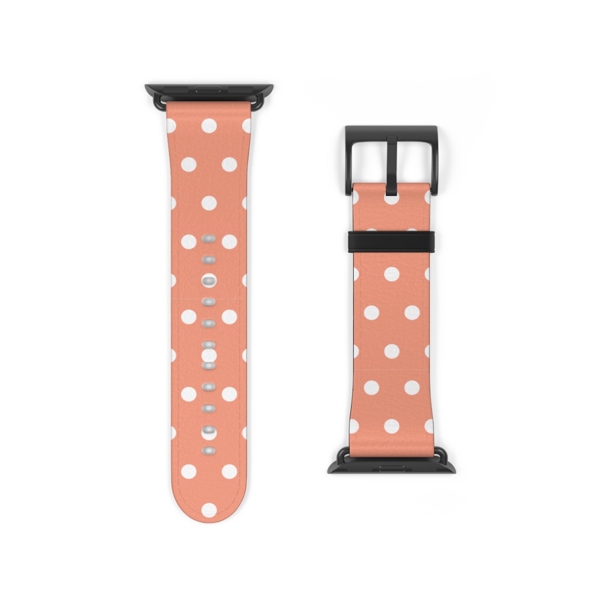 apple watch band in coral pink with white polka dots, cute women watch band, pastel dot pattern strap for Apple Watch