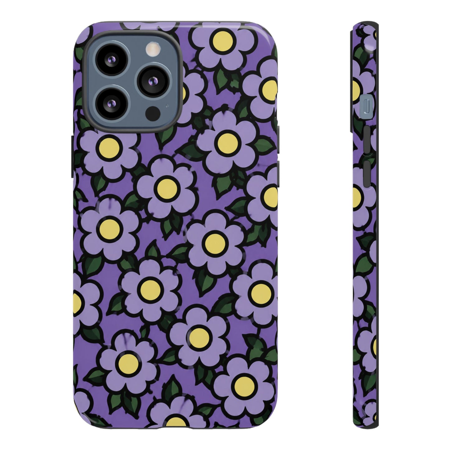 Purple Floral Tough Phone Case — Durable Protective Phone Cover with Cute Daisy Pattern