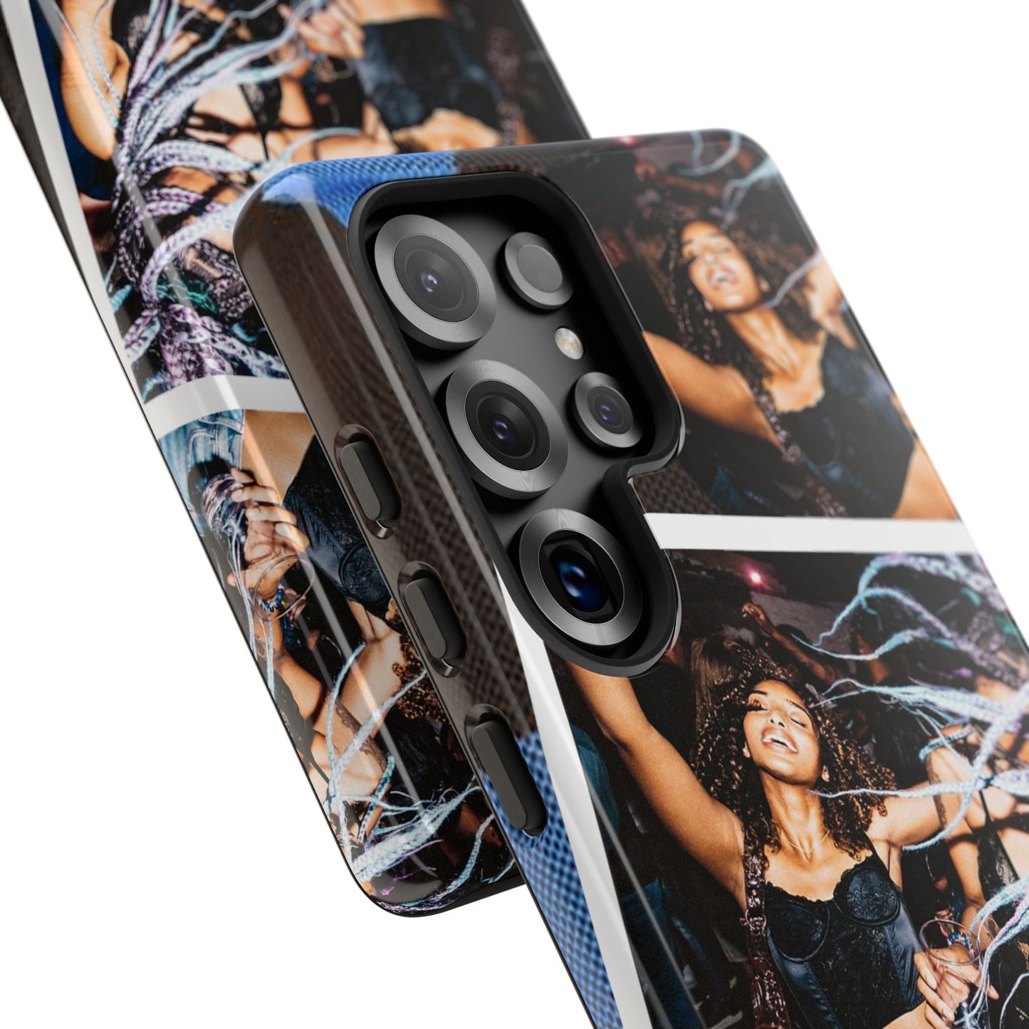 Two Image Personalised Polaroid Photo on Blue Polka Dot Protective Tough Case for Apple iPhone, Samsung Galaxy and Google Pixel.