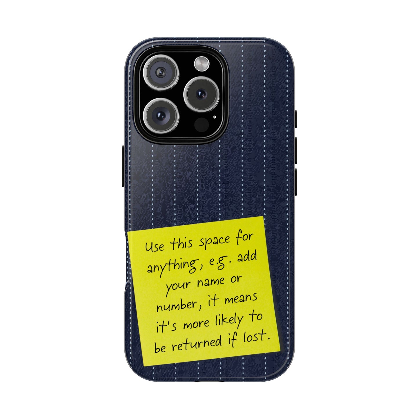 Navy Pinstripe Design with Yellow Sticky Note Personalised Tough Phone Case for Apple iPhone, Samsung Galaxy and Google Pixel.