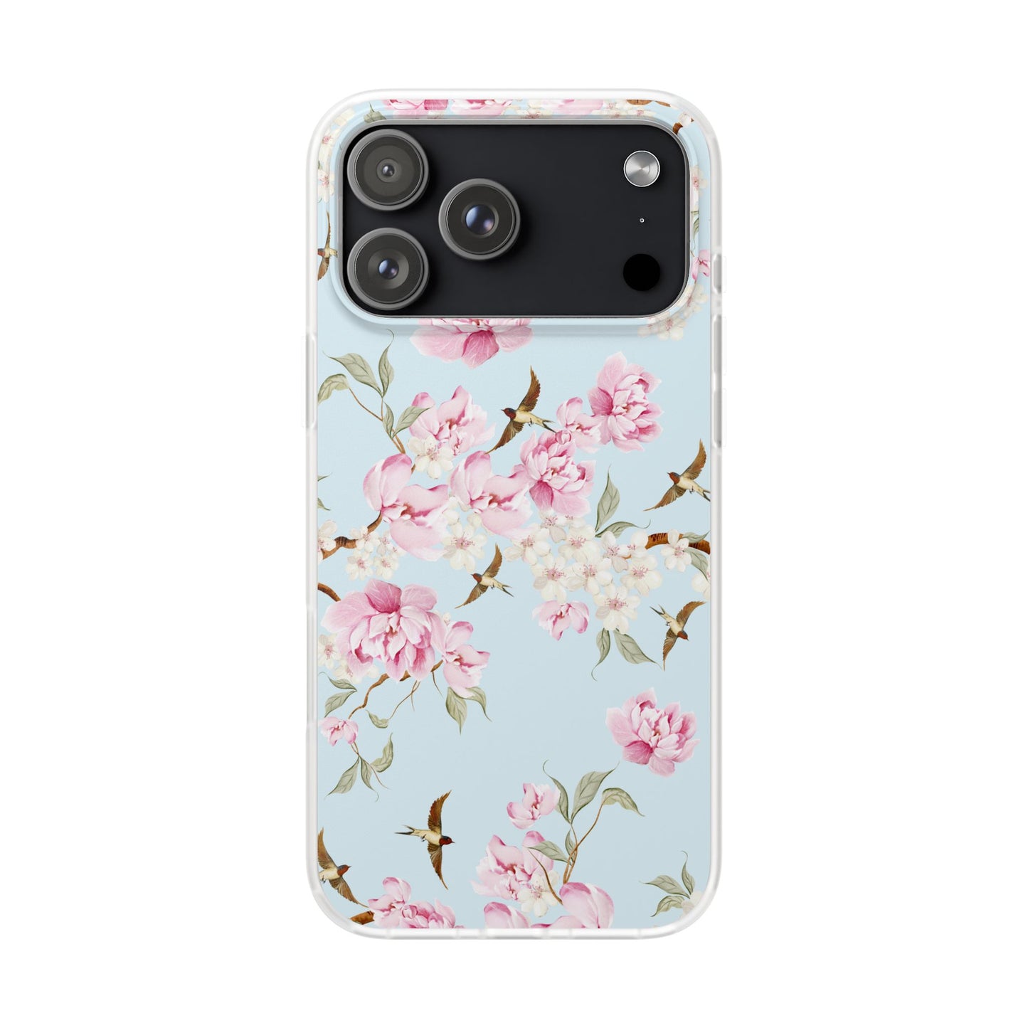 Floral Cherry Blossom Flexi Phone Case - Pink Blossoms on Sky Blue Flexible Case for Apple iPhone, Samsung Galaxy.