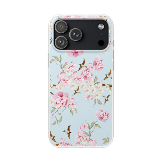 Floral Cherry Blossom Flexi Phone Case - Pink Blossoms on Sky Blue Flexible Case for Apple iPhone, Samsung Galaxy.