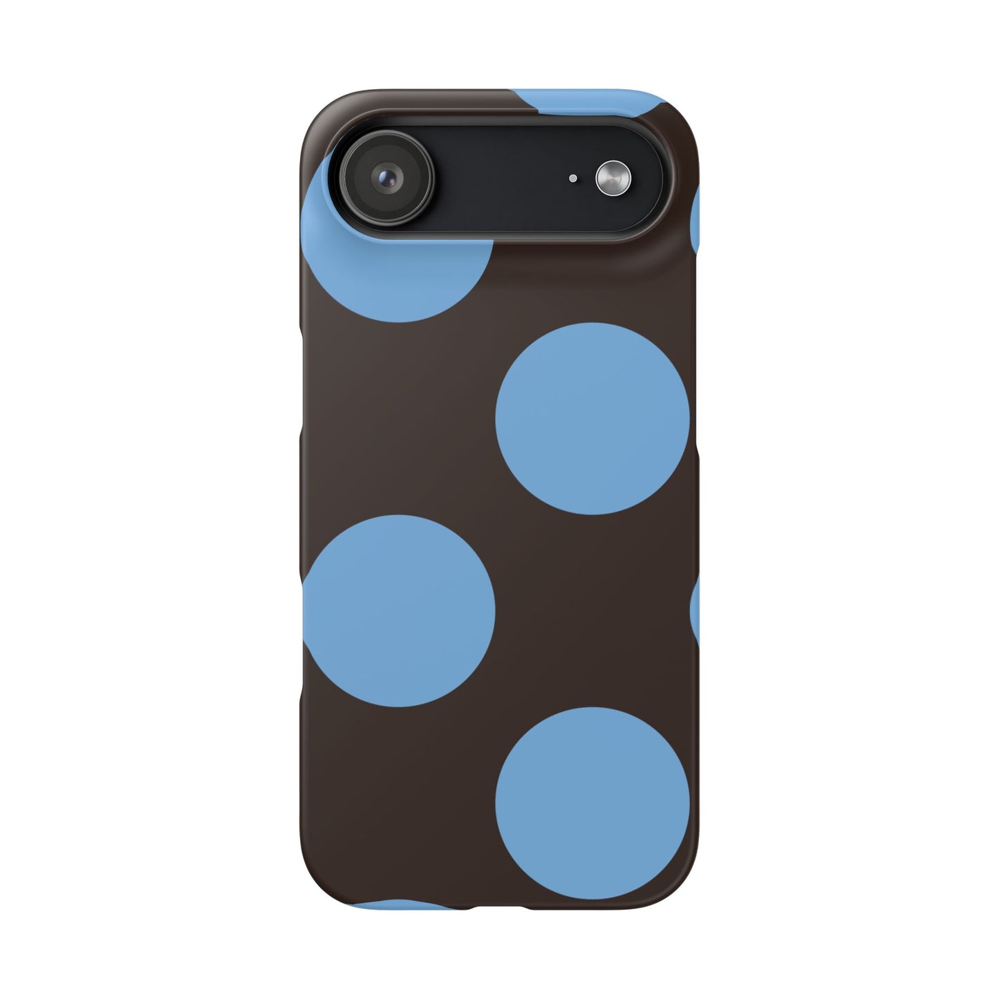 Matte Black with Large Sky Blue Polka Dots Slim Phone Case for Apple iPhone, Samsung Galaxy and Google Pixel.