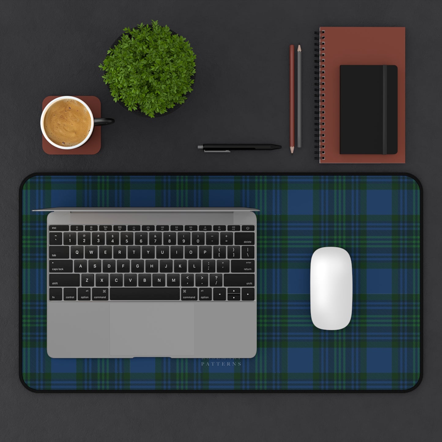 Plaid desk mat in blue green tartan, stylish computer desk mat for home office, anti-slip, hemmed edges