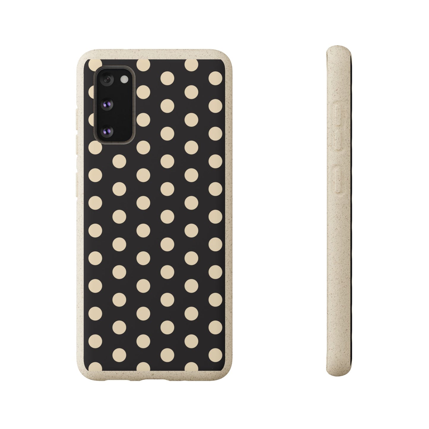 Eco-Friendly Black & Cream Polka Dot Pattern Biodegradable Phone Case for Apple iPhone and Samsung Galaxy.