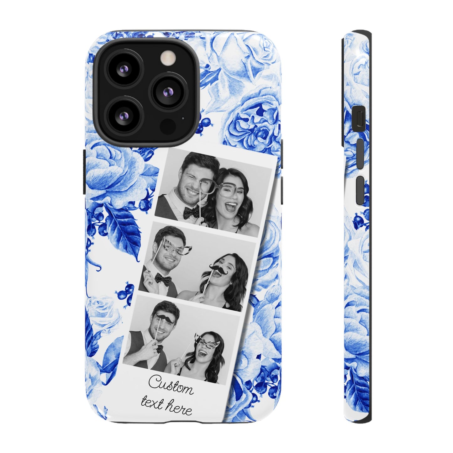 Three Photo Personalised Blue Floral Image Strip Custom Phone Case
