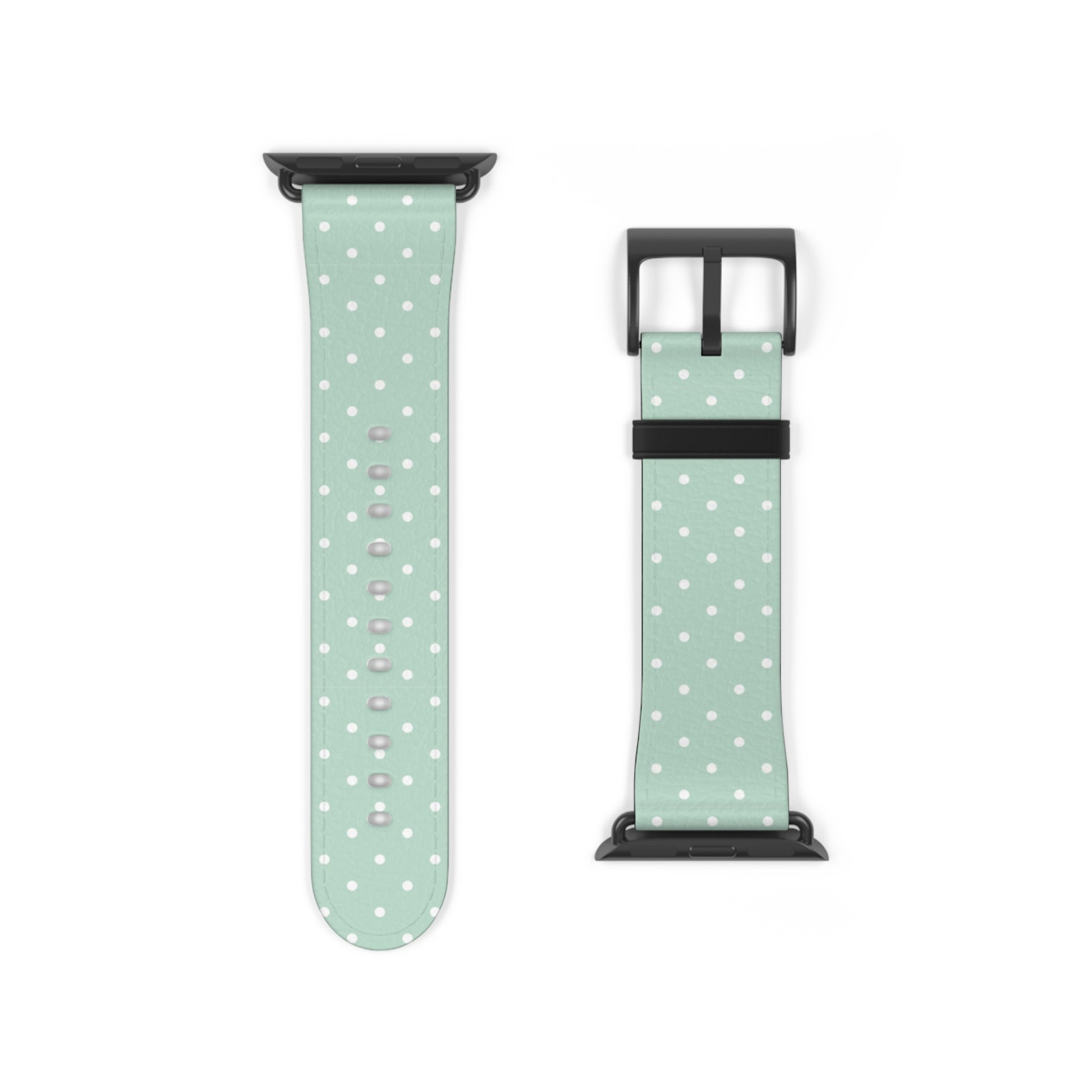 Mint polka dot watch band in pastel green, cute apple watch band for women, soft faux leather strap with white stars
