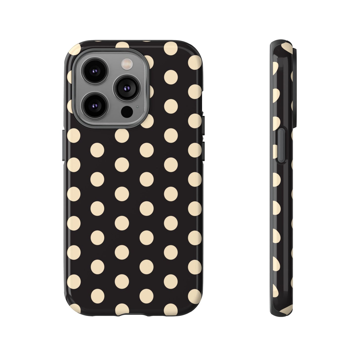 Polka Dot Tough Phone Case — Black with Cream Dots, Protective Slim Phone Cover