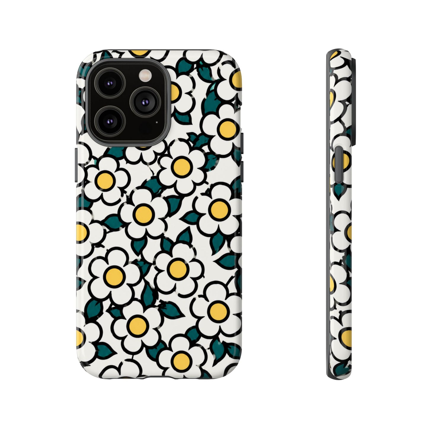 Floral Daisy Tough Phone Case — Retro White & Yellow Protective Cover