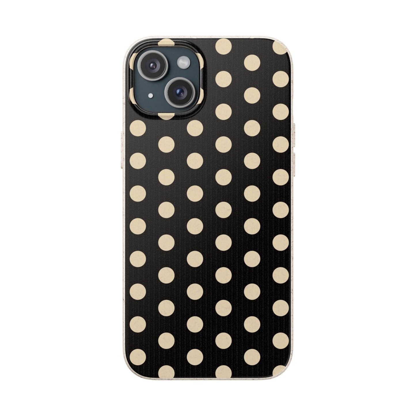 Eco-Friendly Black & Cream Polka Dot Pattern Biodegradable Phone Case for Apple iPhone and Samsung Galaxy.