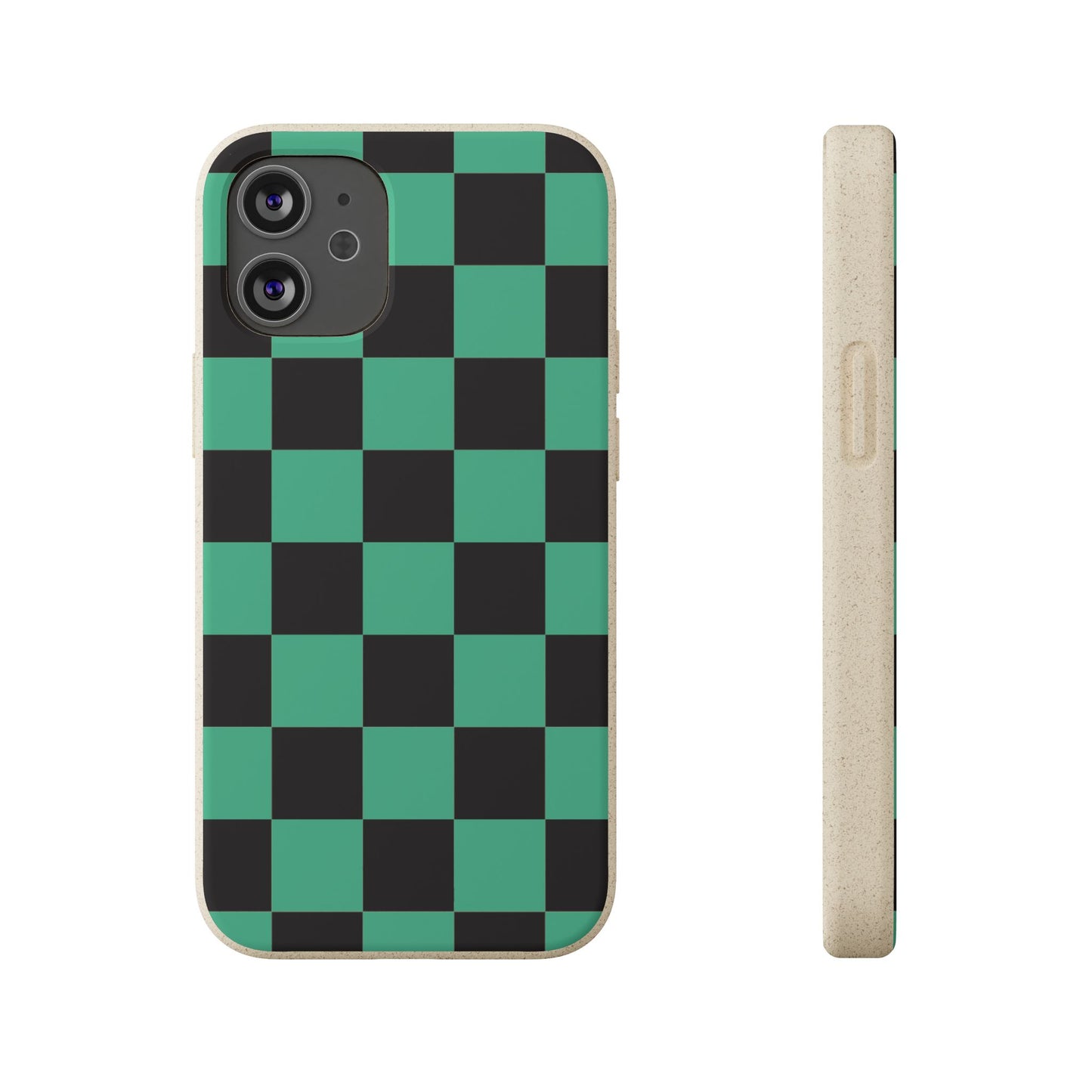 Biodegradable Checkerboard Phone Case — Green & Black Tanjiro Eco Smartphone Cover for Apple iPhone and Samsung Galaxy.