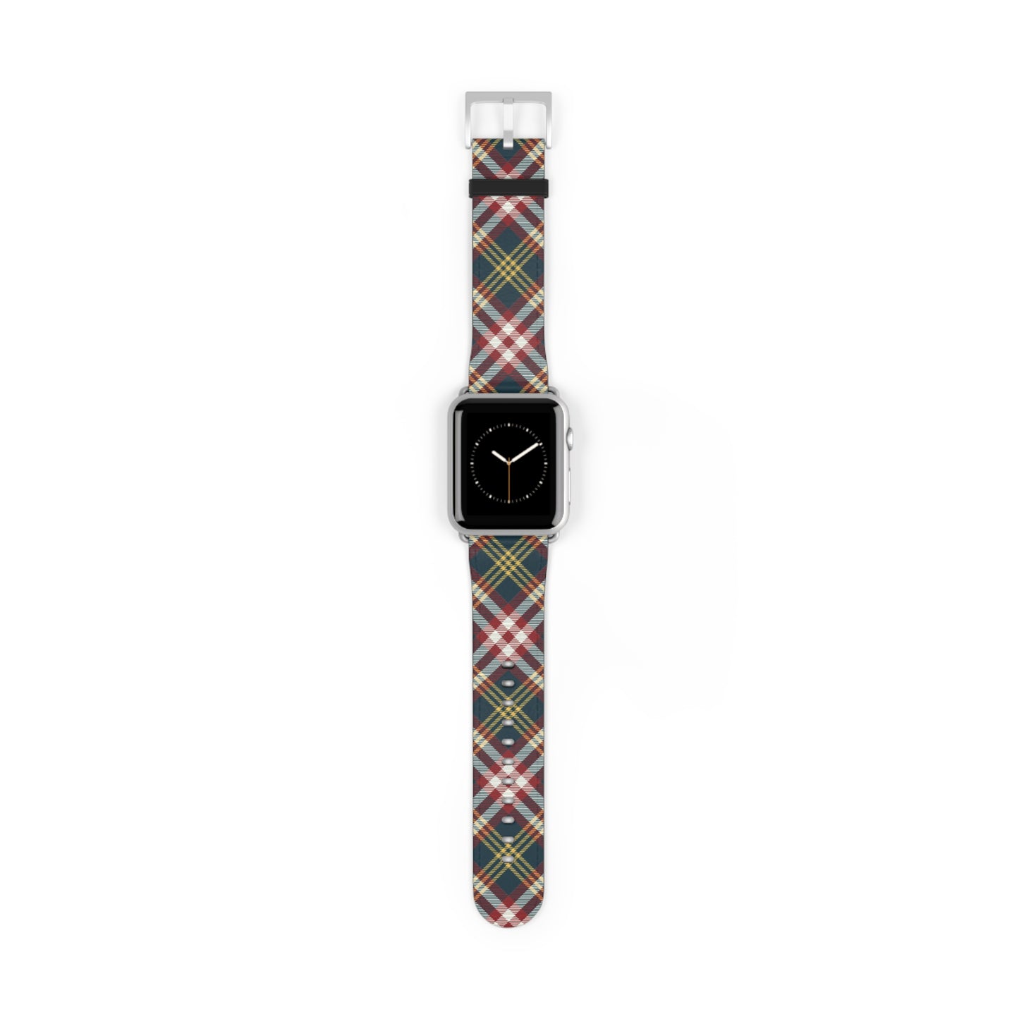 Plaid watch band in classic red and green tartan, cozy accessory for Apple Watch, stainless steel buckle, autumn style