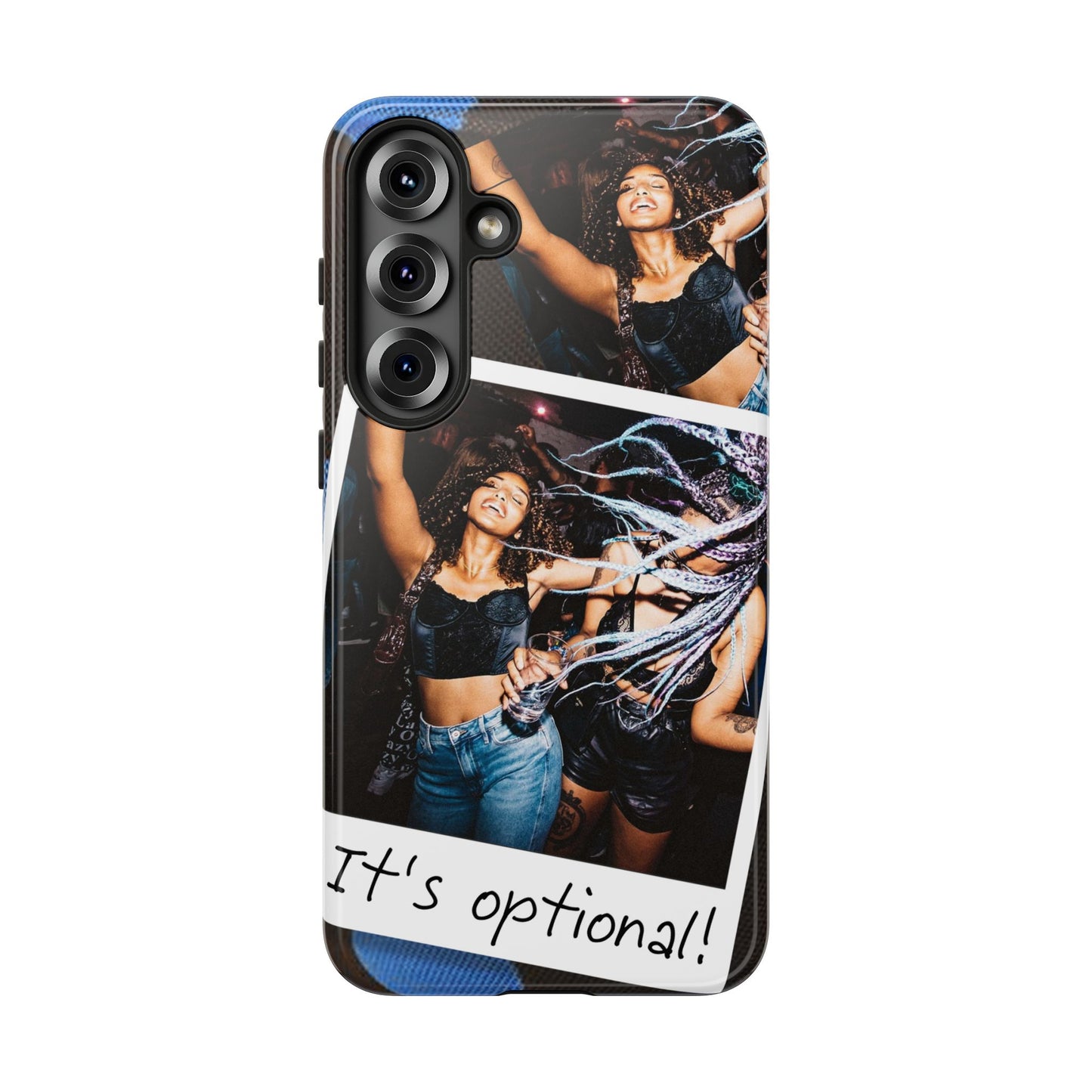 Two Image Personalised Polaroid Photo on Blue Polka Dot Protective Tough Case for Apple iPhone, Samsung Galaxy and Google Pixel.