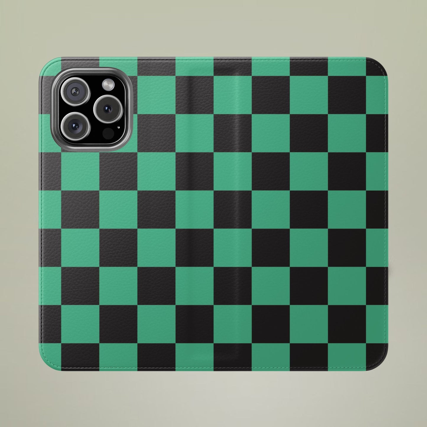Tanjiro Chequered Flip Phone Case — Black and Green Chequered Wallet Cover