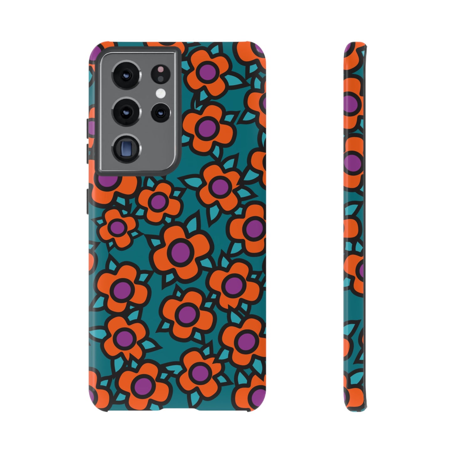 Floral Pop Tough Phone Case — Retro Orange & Teal Flower Pattern