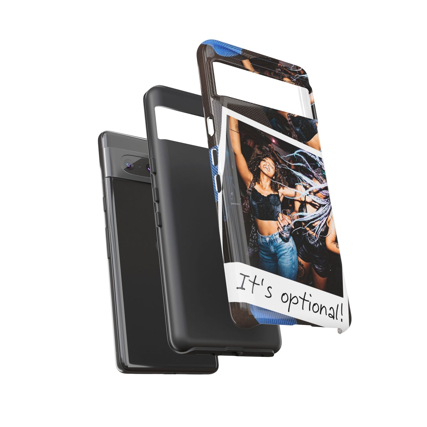 Two Image Personalised Polaroid Photo on Blue Polka Dot Protective Tough Case for Apple iPhone, Samsung Galaxy and Google Pixel.