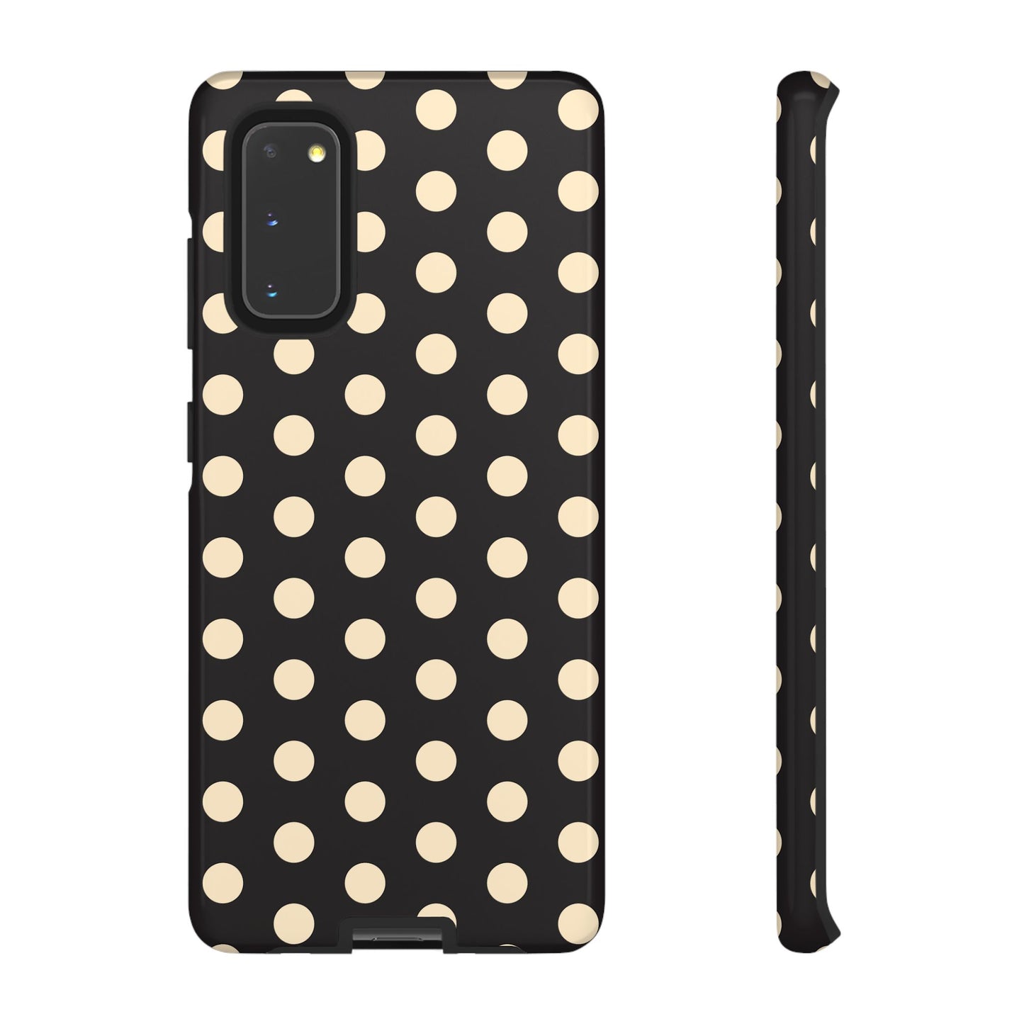 Polka Dot Tough Phone Case — Black with Cream Dots, Protective Slim Phone Cover