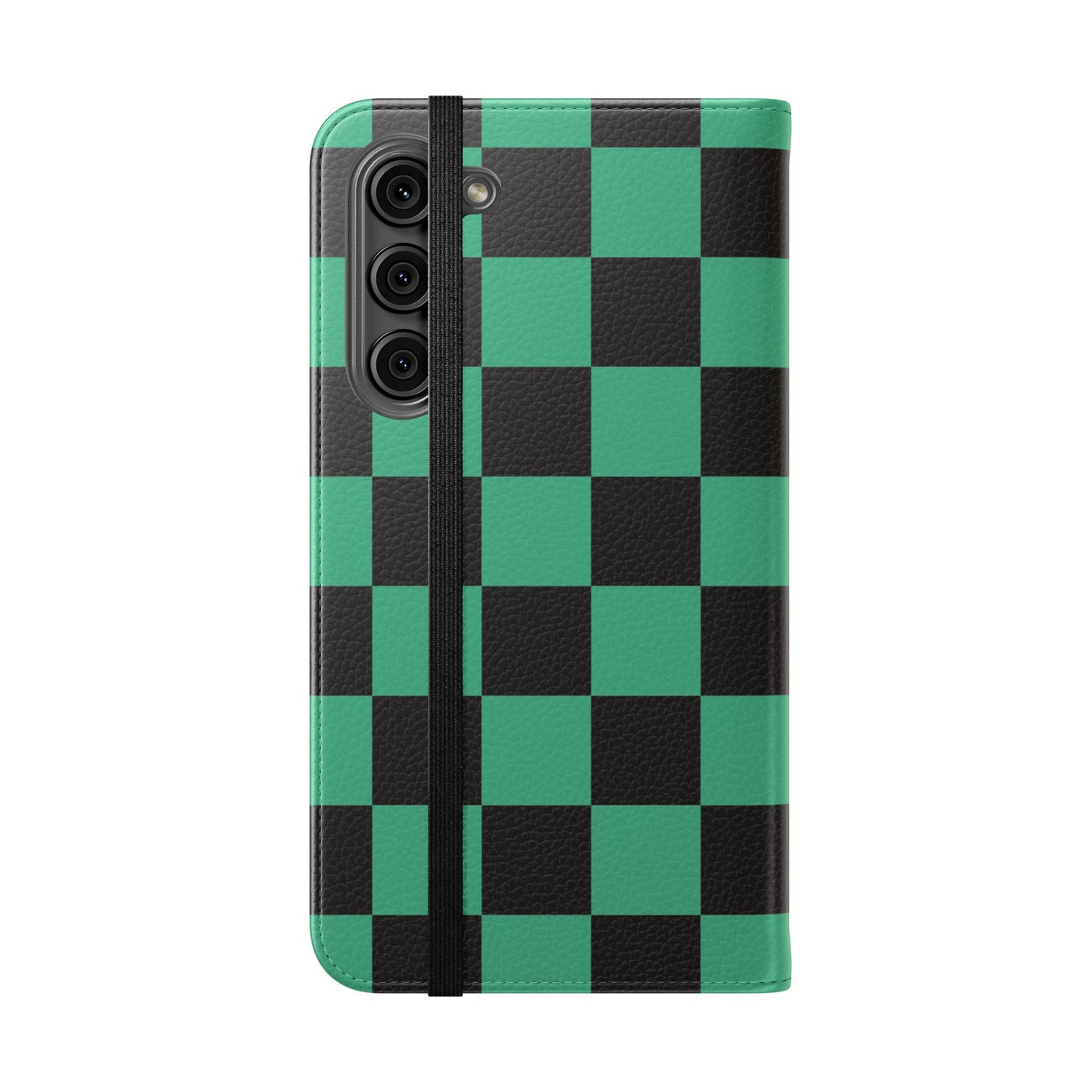 Tanjiro Chequered Flip Phone Case — Black and Green Chequered Wallet Cover