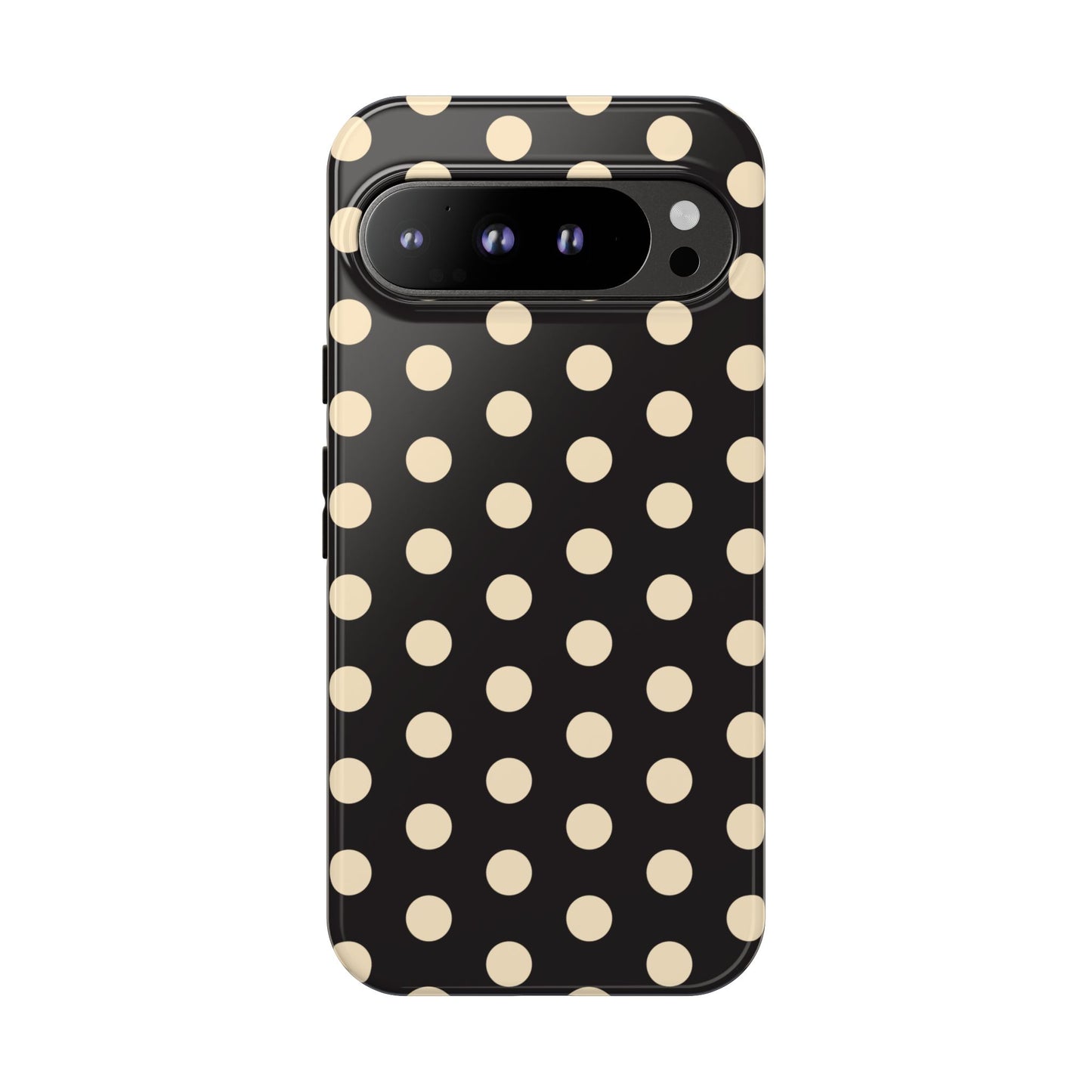 Polka Dot Tough Phone Case — Black with Cream Dots, Protective Slim Phone Cover