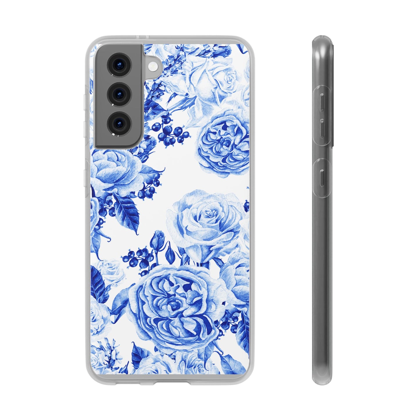 Blue Floral Phone Case — Hand-Painted Rose Pattern Flexi Case for Apple iPhone, Samsung Galaxy and Google Pixel.