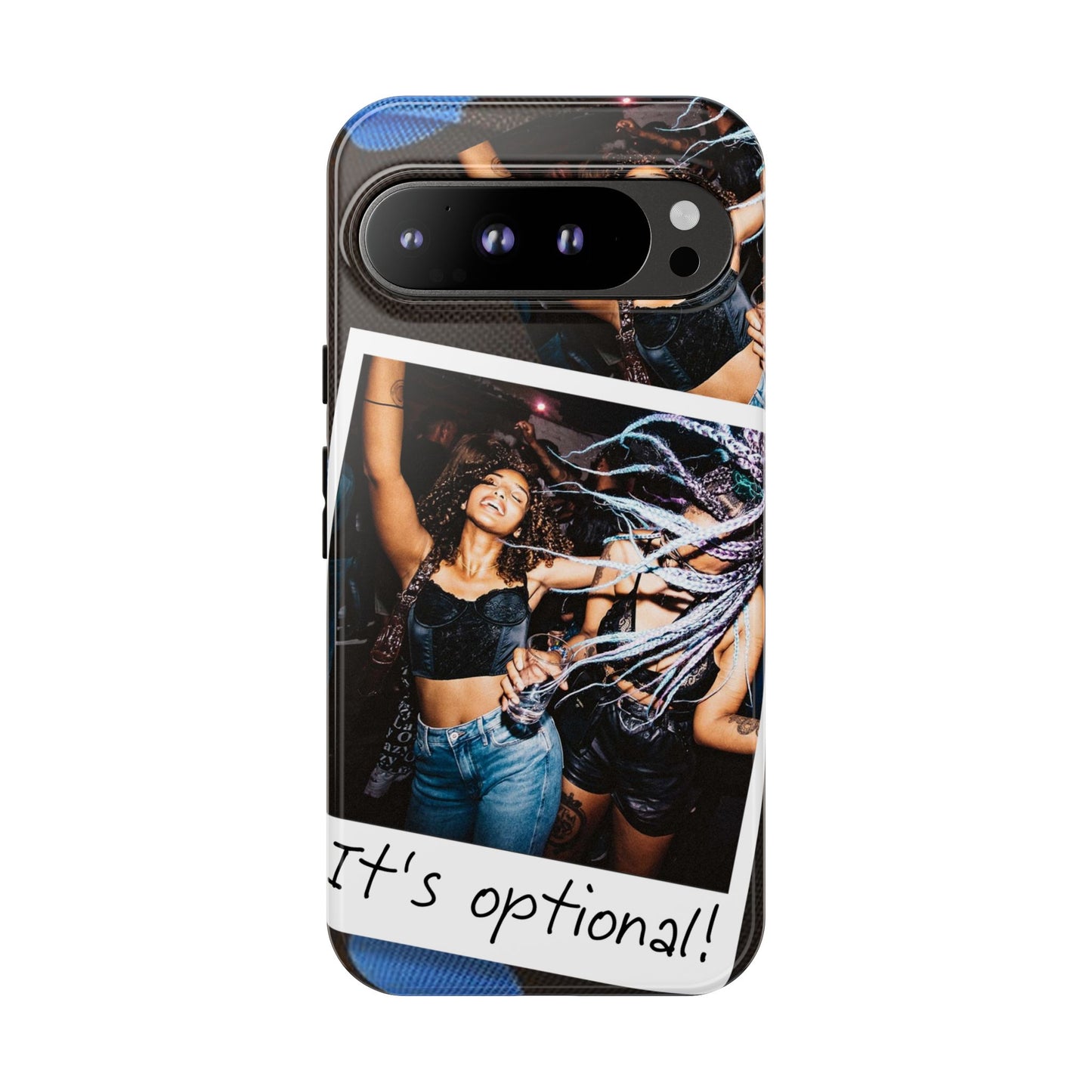 Two Image Personalised Polaroid Photo on Blue Polka Dot Protective Tough Case for Apple iPhone, Samsung Galaxy and Google Pixel.