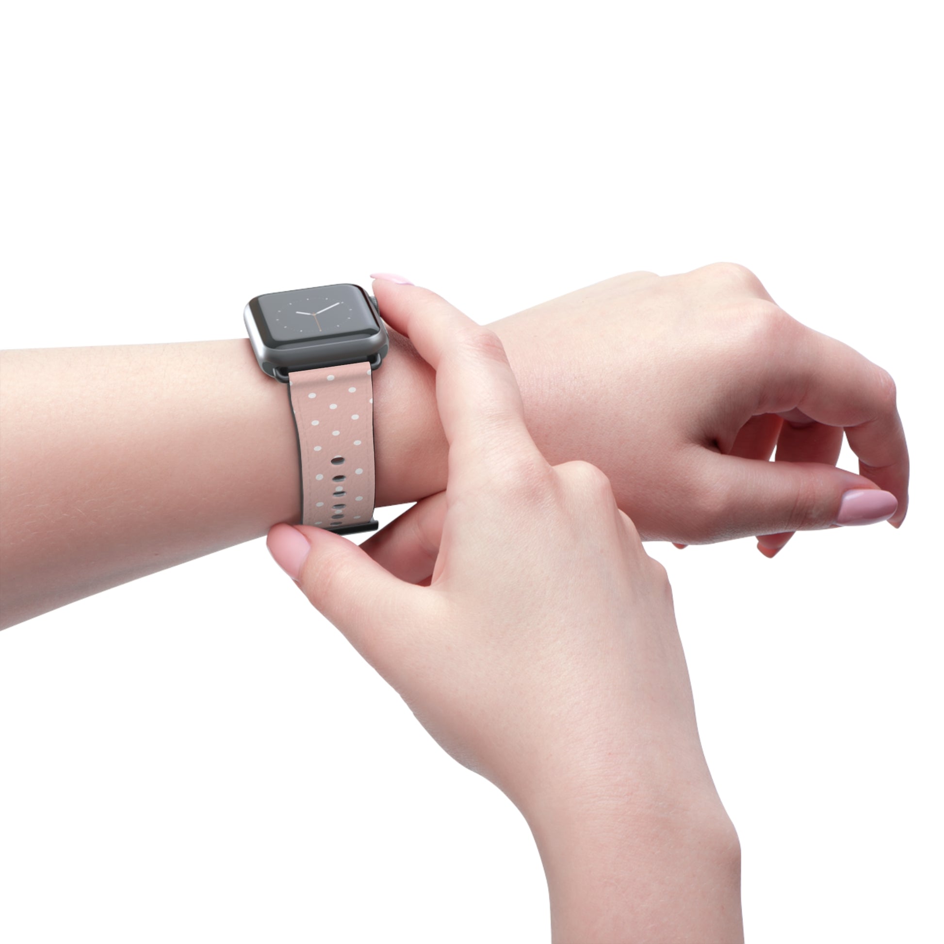 Apple Watch band in soft pink with white polka dots, cute watch band for women, floral-inspired silicone strap