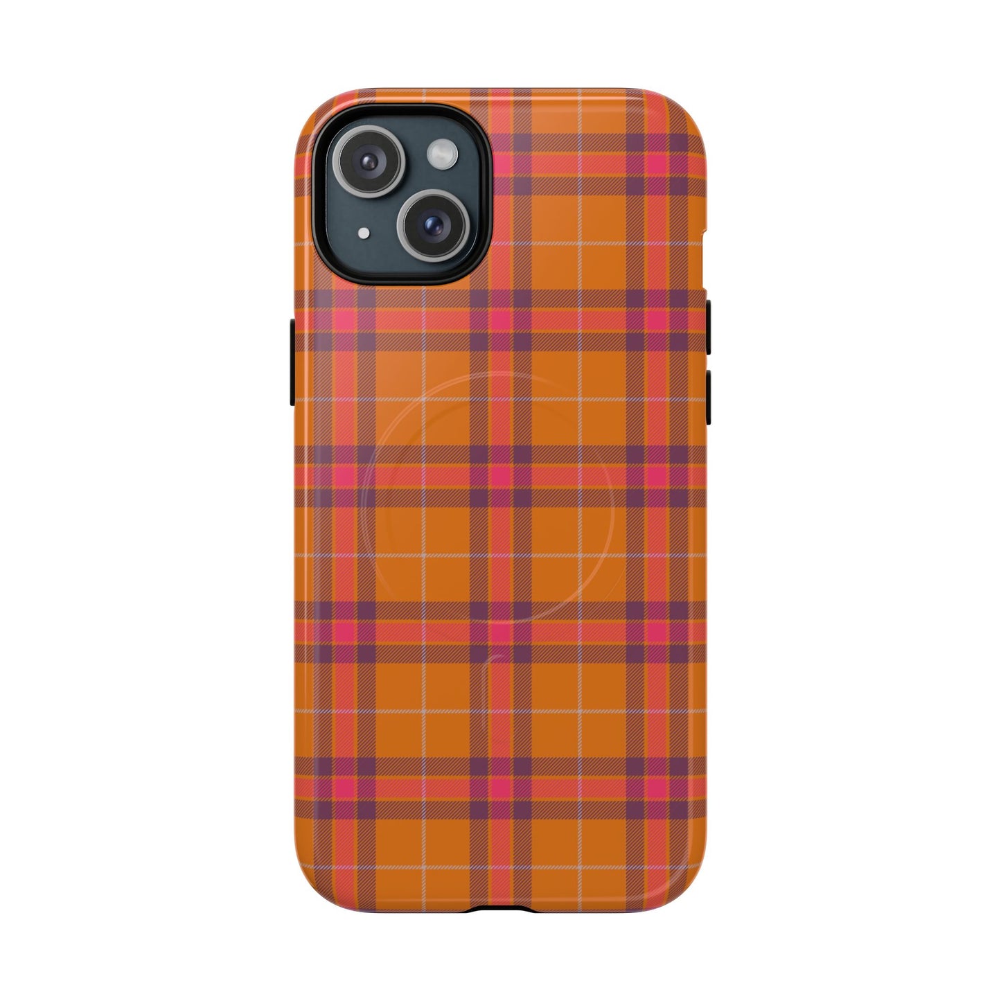 Tartan Magnetic Phone Case — Orange and Red Plaid Tough Protective MagSafe Case