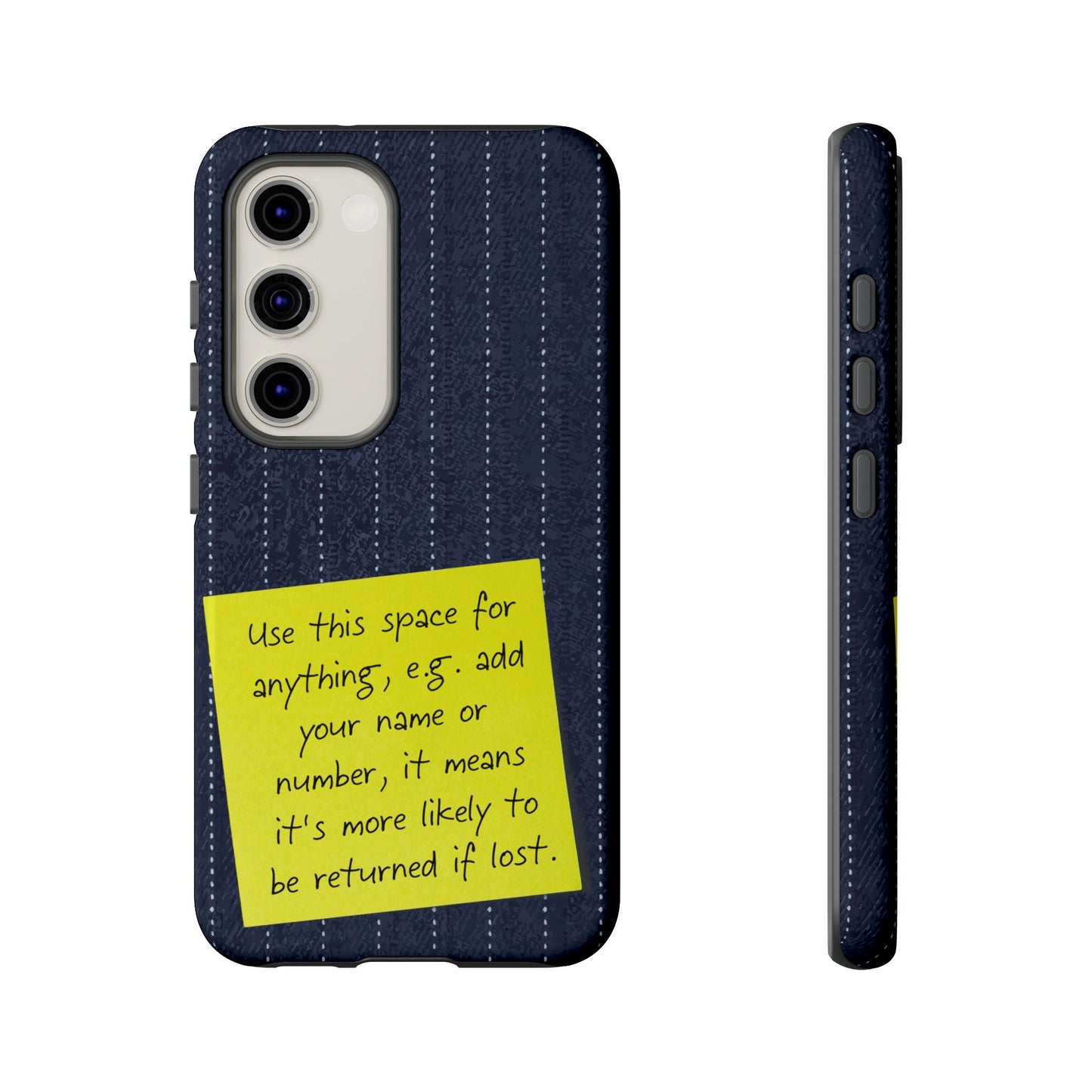 Navy Pinstripe Design with Yellow Sticky Note Personalised Tough Phone Case for Apple iPhone, Samsung Galaxy and Google Pixel.