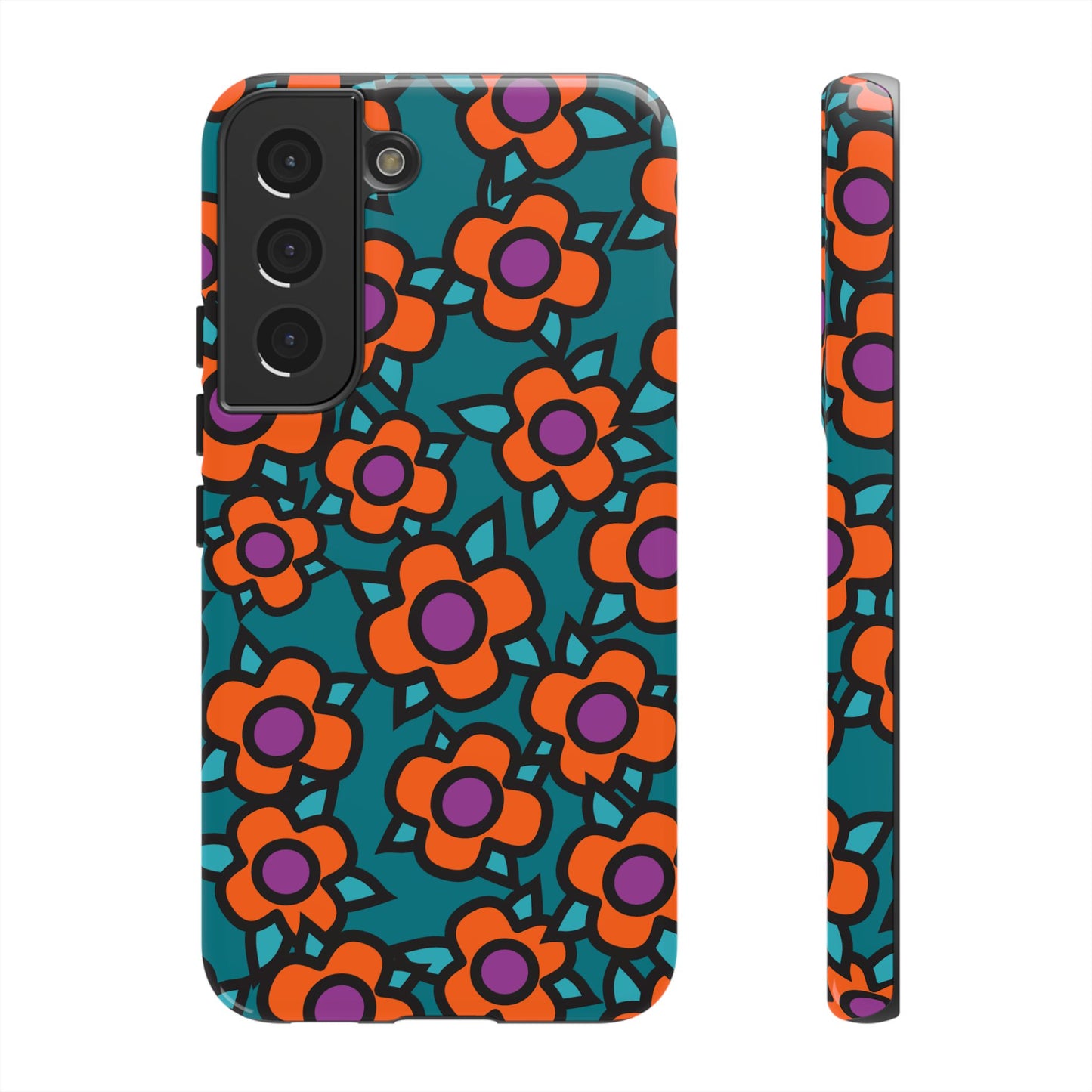 Floral Pop Tough Phone Case — Retro Orange & Teal Flower Pattern