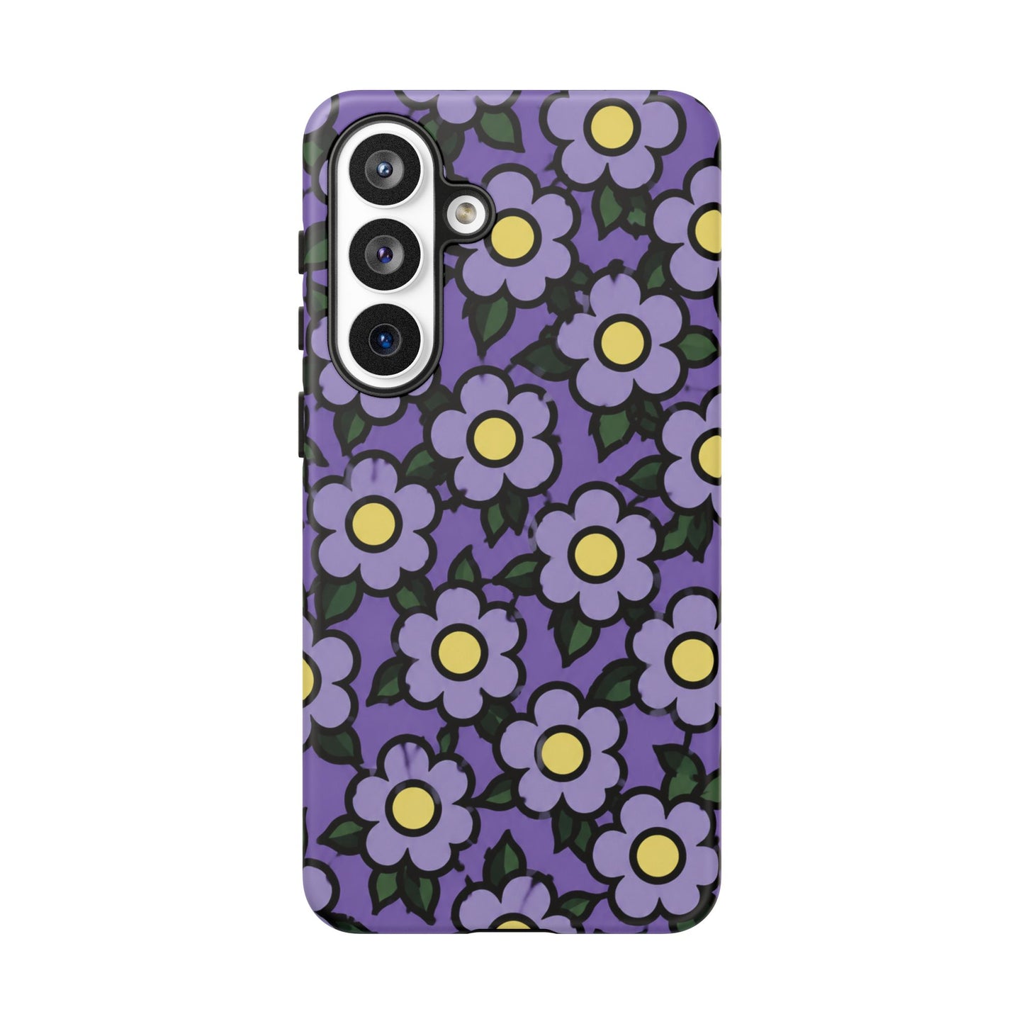 Purple Floral Tough Phone Case — Durable Protective Phone Cover with Cute Daisy Pattern